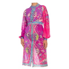 1970S Emilio Pucci Pink & Purple Rayon Empire Waist Psychedelic Printed Dress C