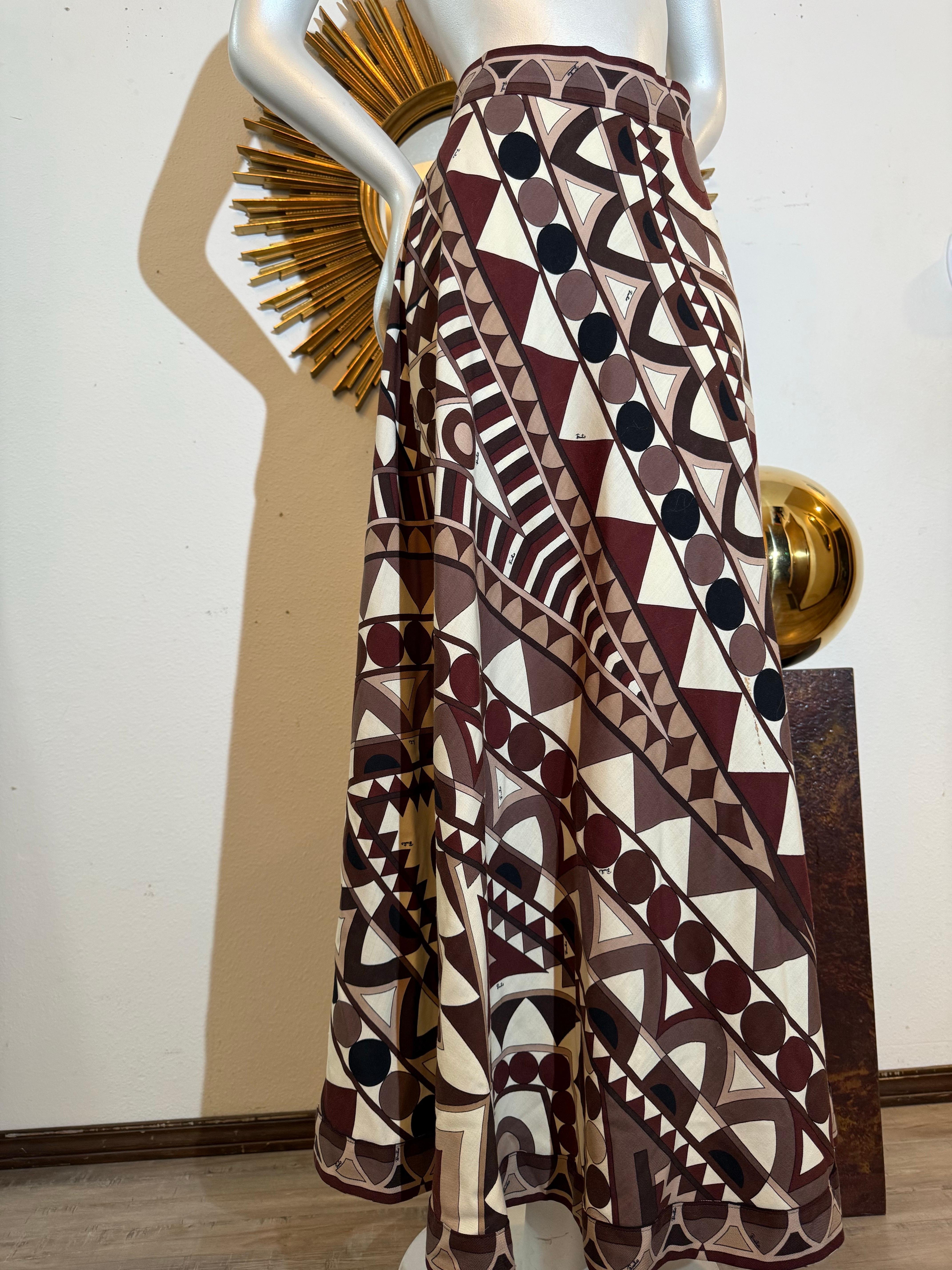 Maxi falda de punto en A de lana pura Emilio Pucci de los años 70 en marrones geométricos en venta 8