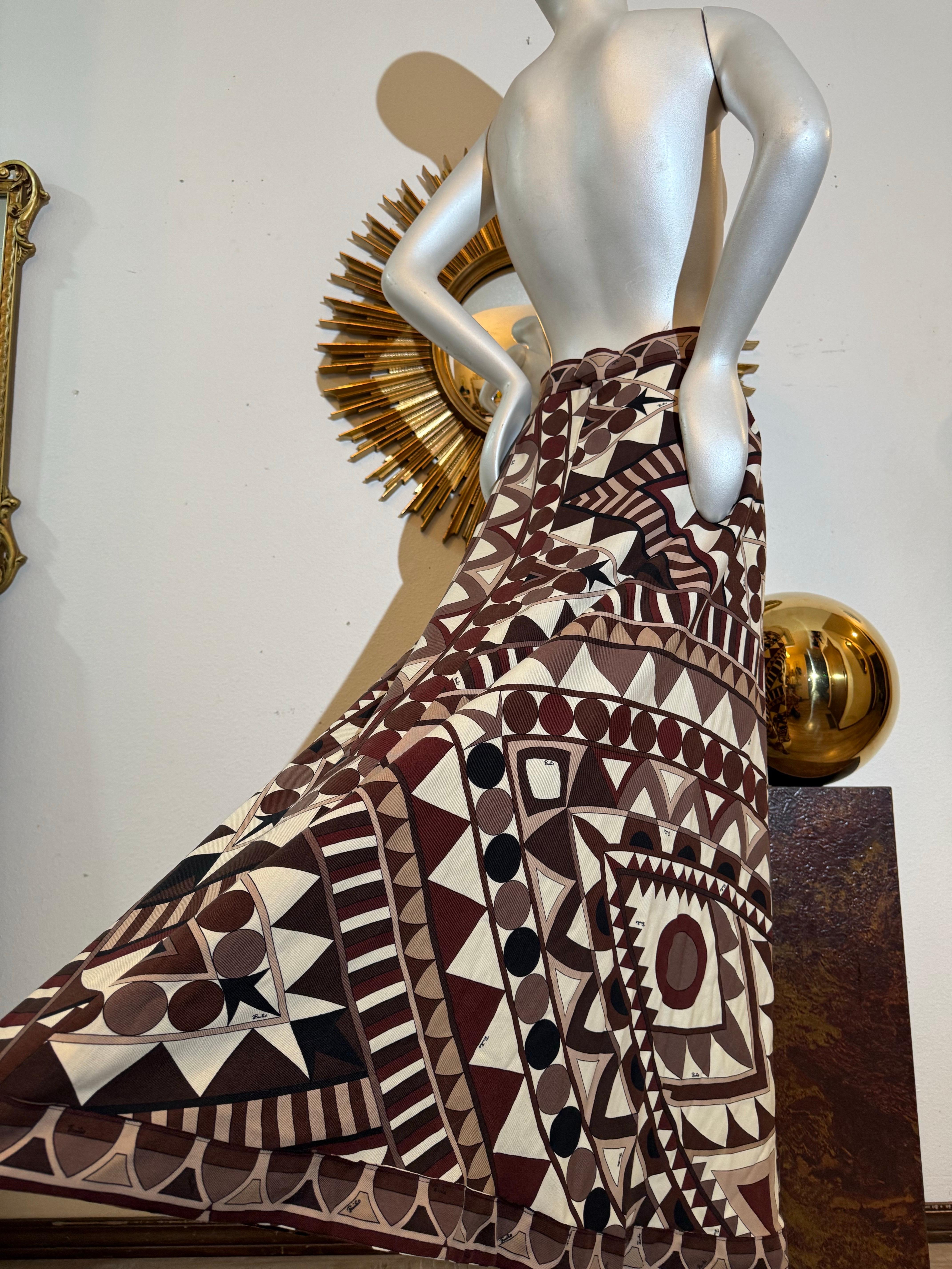Maxi falda de punto en A de lana pura Emilio Pucci de los años 70 en marrones geométricos en venta 11