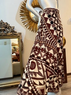 Emilio Pucci anni '70: Maxi gonna ad A in maglia di pura lana e jersey in marrone geometrico