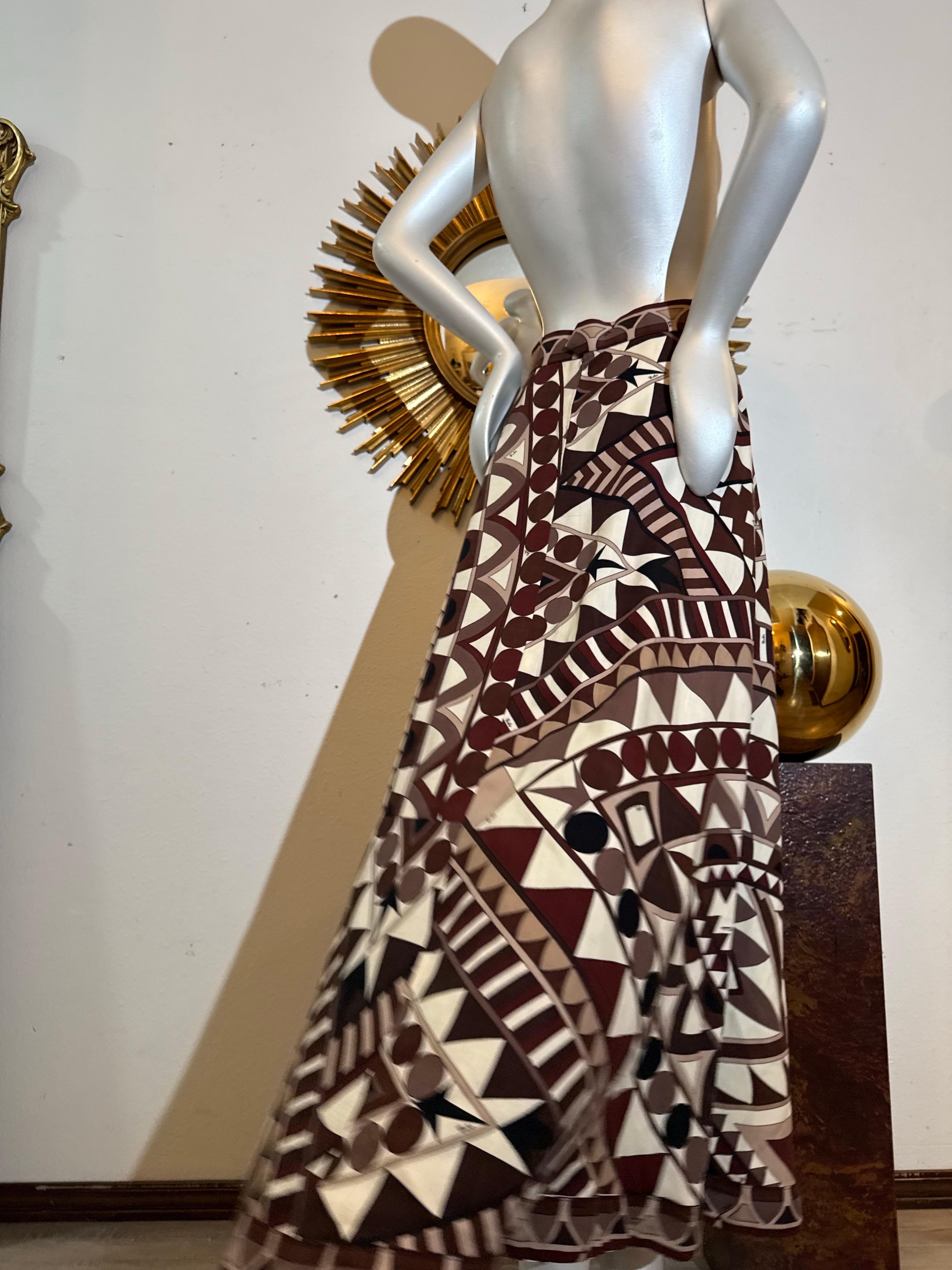 Maxi falda de punto en A de lana pura Emilio Pucci de los años 70 en marrones geométricos en Excelente estado para la venta en Gresham, OR
