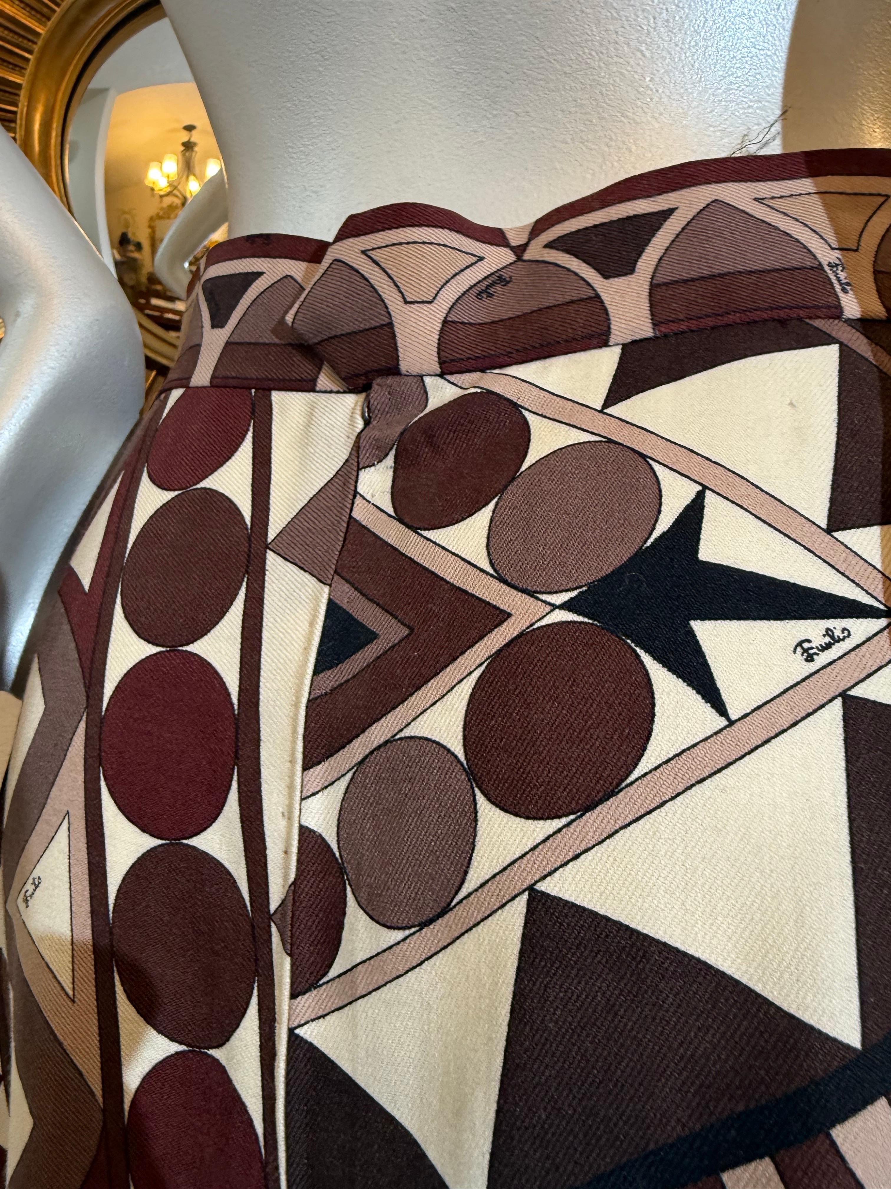 Maxi falda de punto en A de lana pura Emilio Pucci de los años 70 en marrones geométricos en venta 1