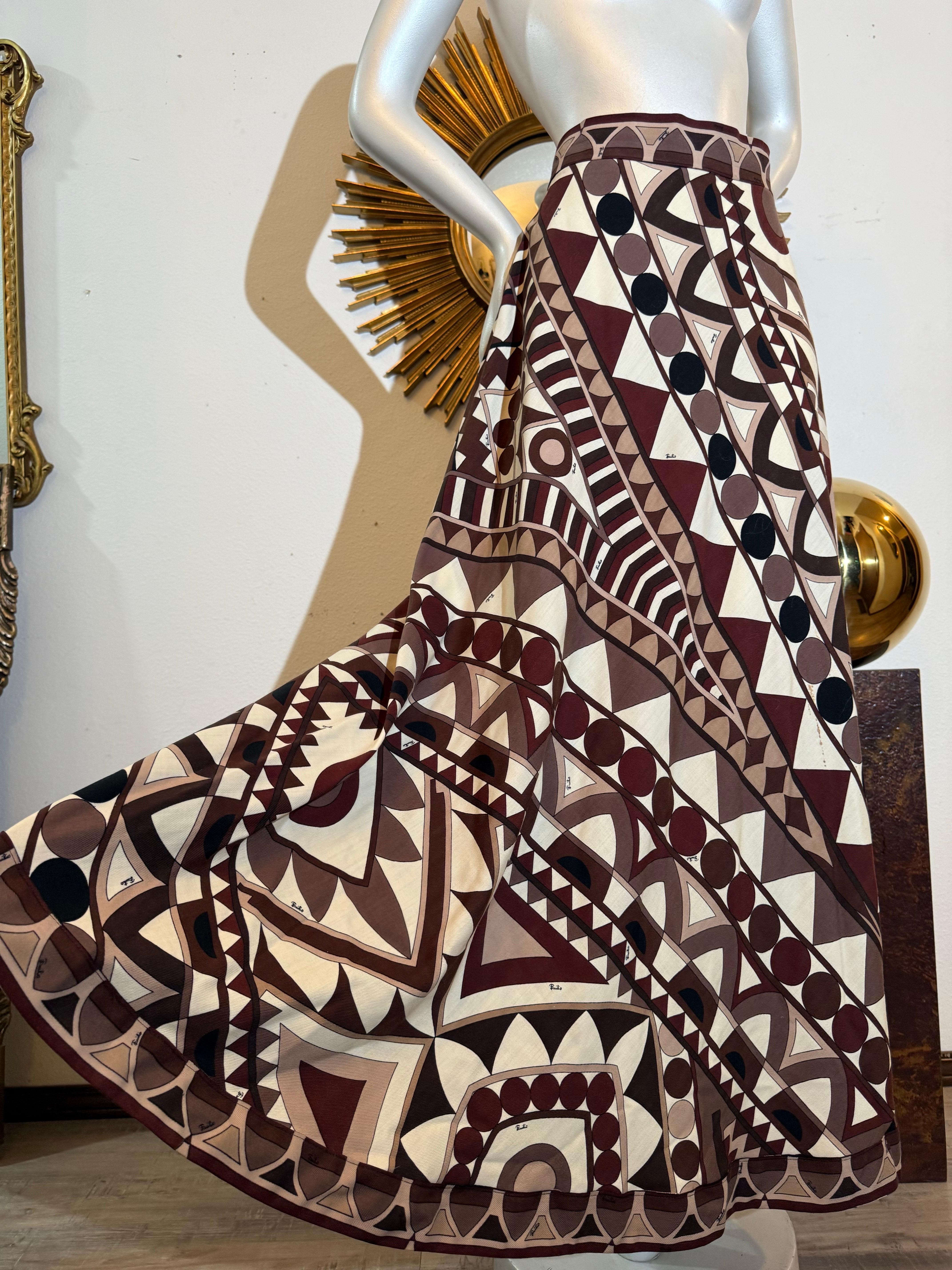 Maxi falda de punto en A de lana pura Emilio Pucci de los años 70 en marrones geométricos en venta 4