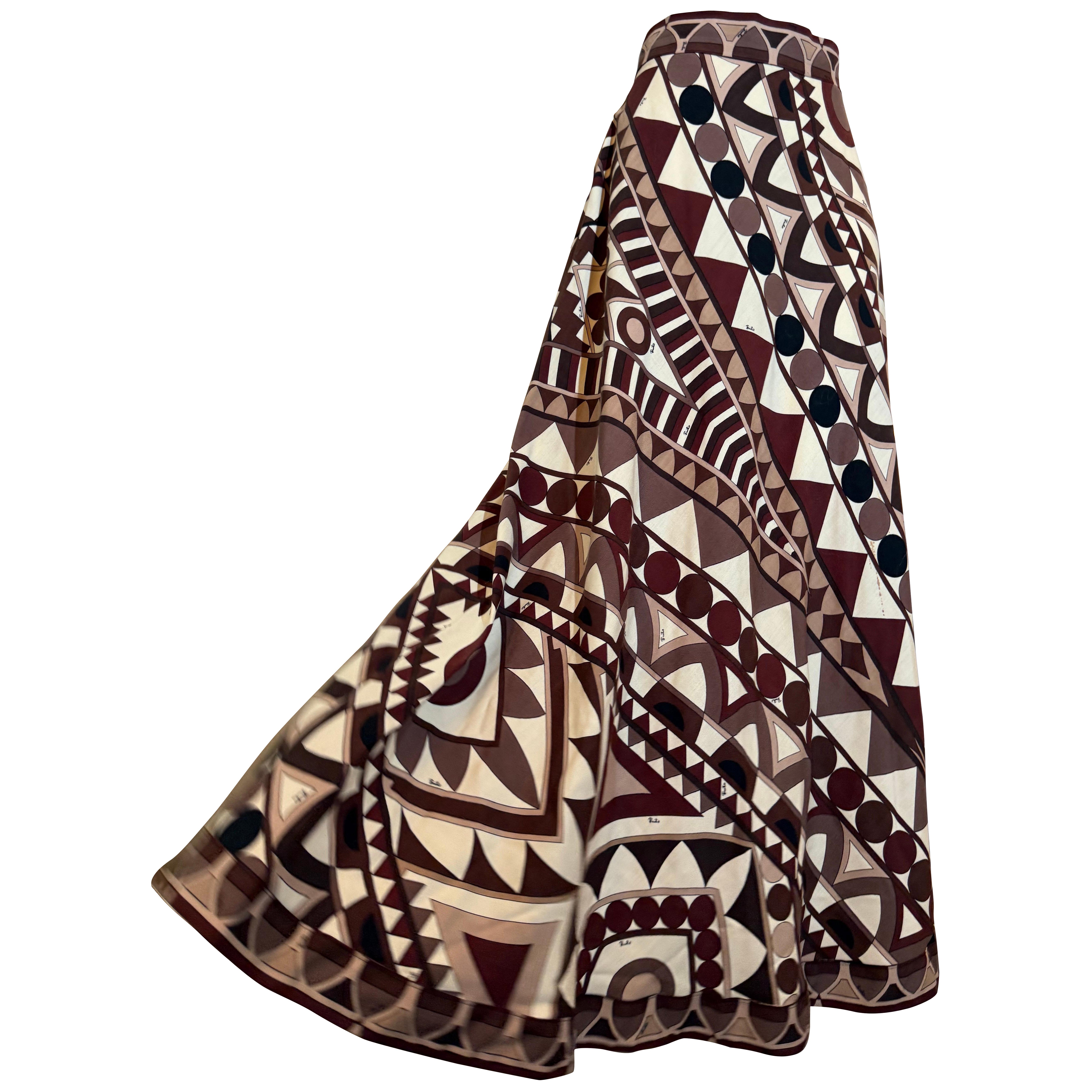 Maxi falda de punto en A de lana pura Emilio Pucci de los años 70 en marrones geométricos en venta