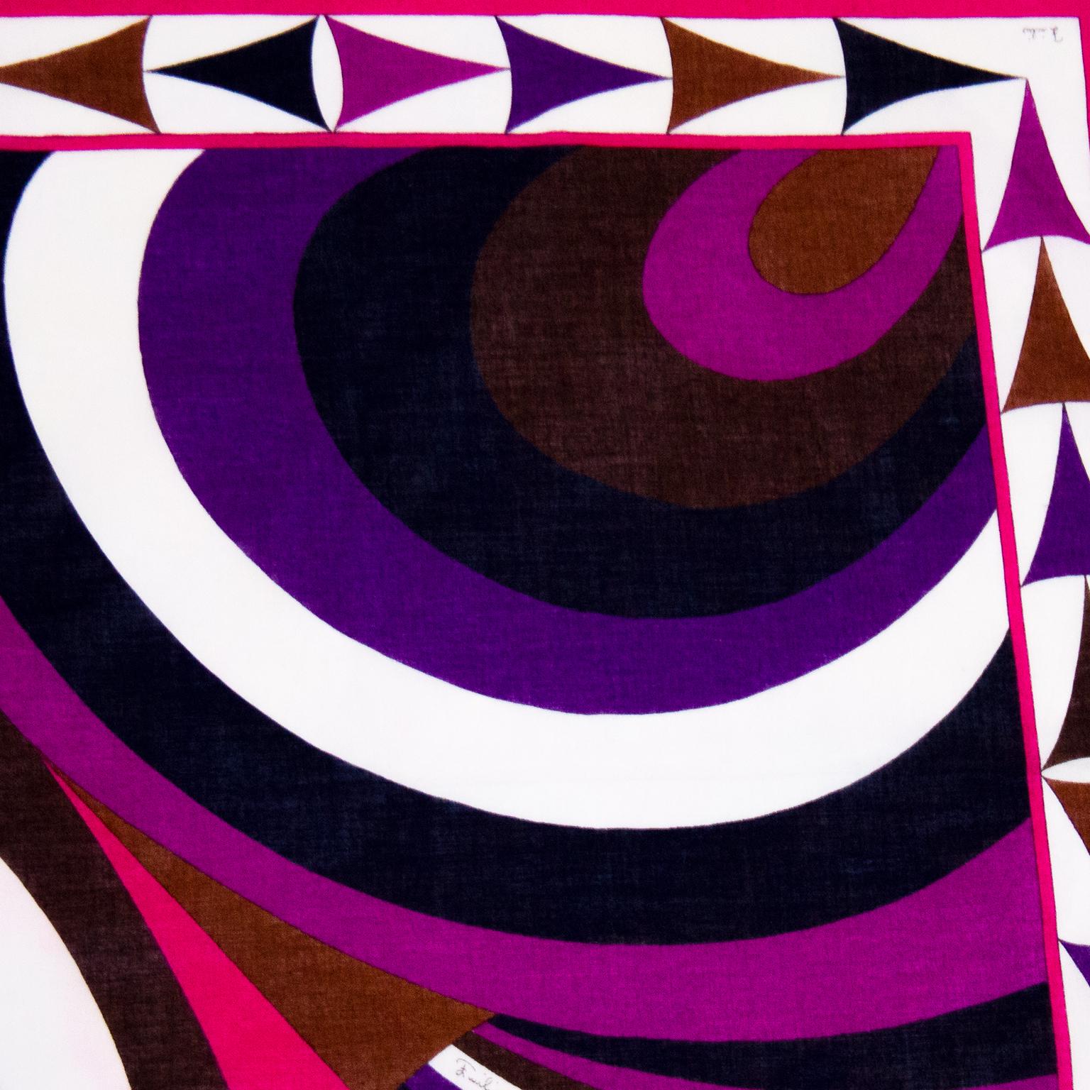 Small Emilio Pucci cotton scarf from the 1970s. All over abstract print in purple and brown tones. Signed fabric. The perfect summer scarf to be worn as a hair bandana or neckerchief. Excellent vintage condition. 16.5