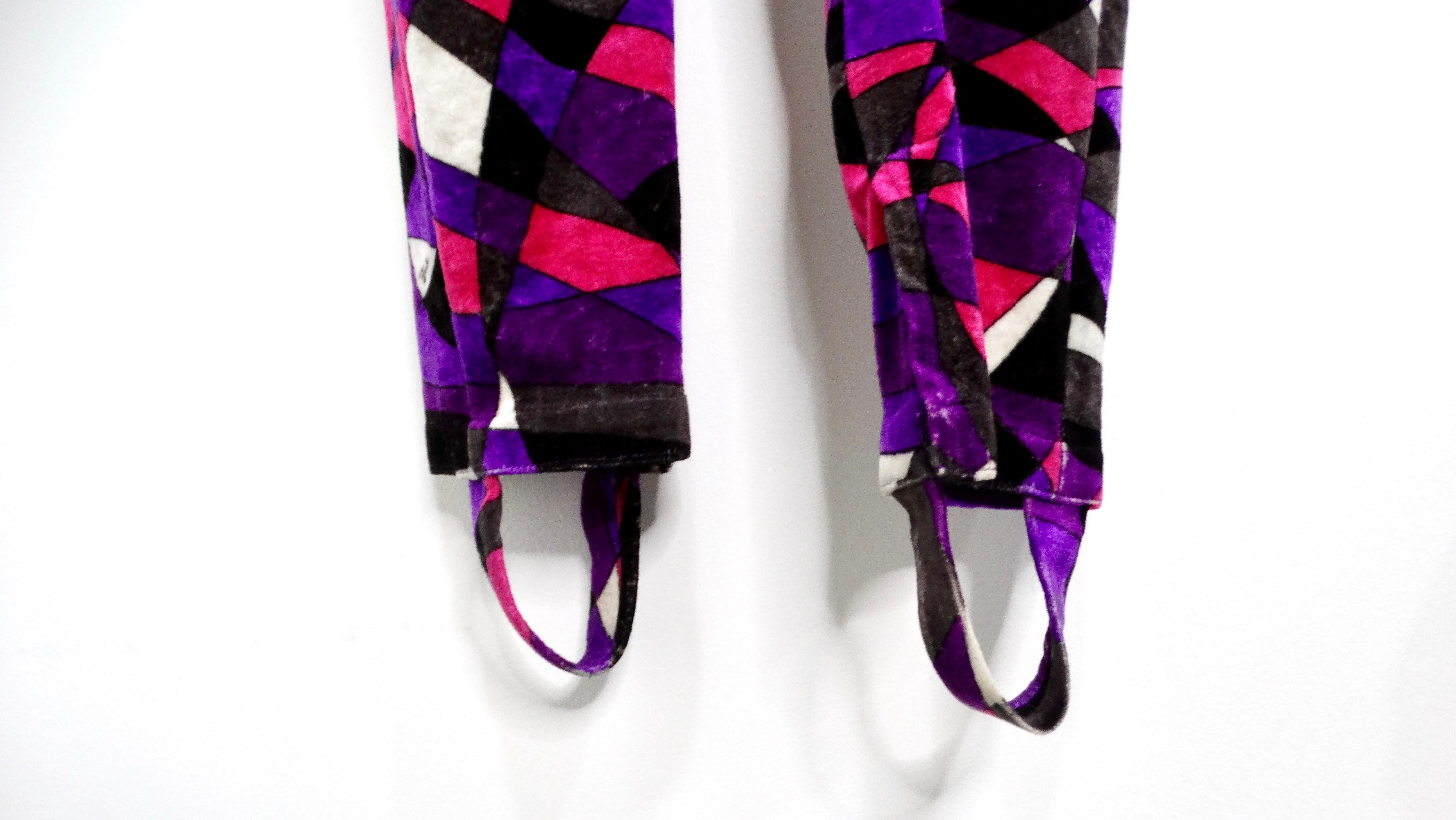 1970s Emilio Pucci Purple Geometric Print Velour High Neck Catsuit In Good Condition For Sale In Scottsdale, AZ