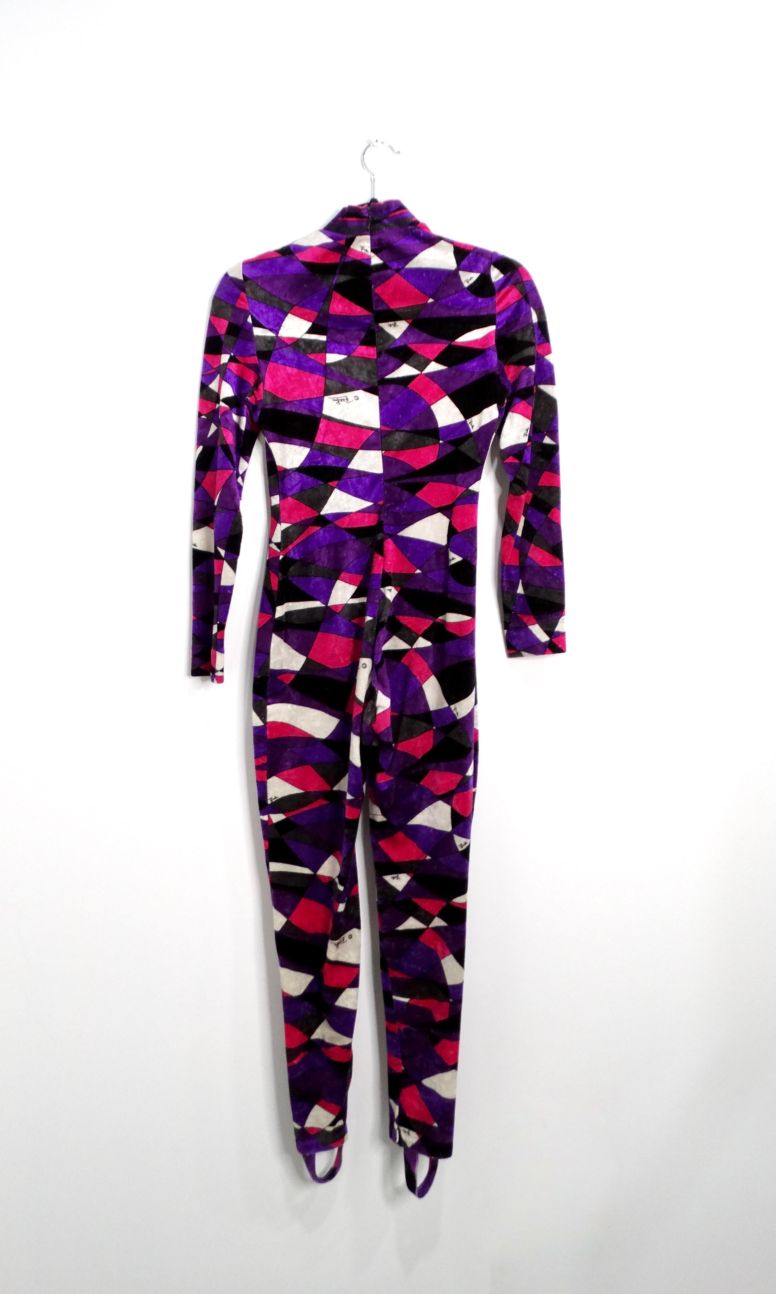 1970s Emilio Pucci Purple Geometric Print Velour High Neck Catsuit For Sale 1