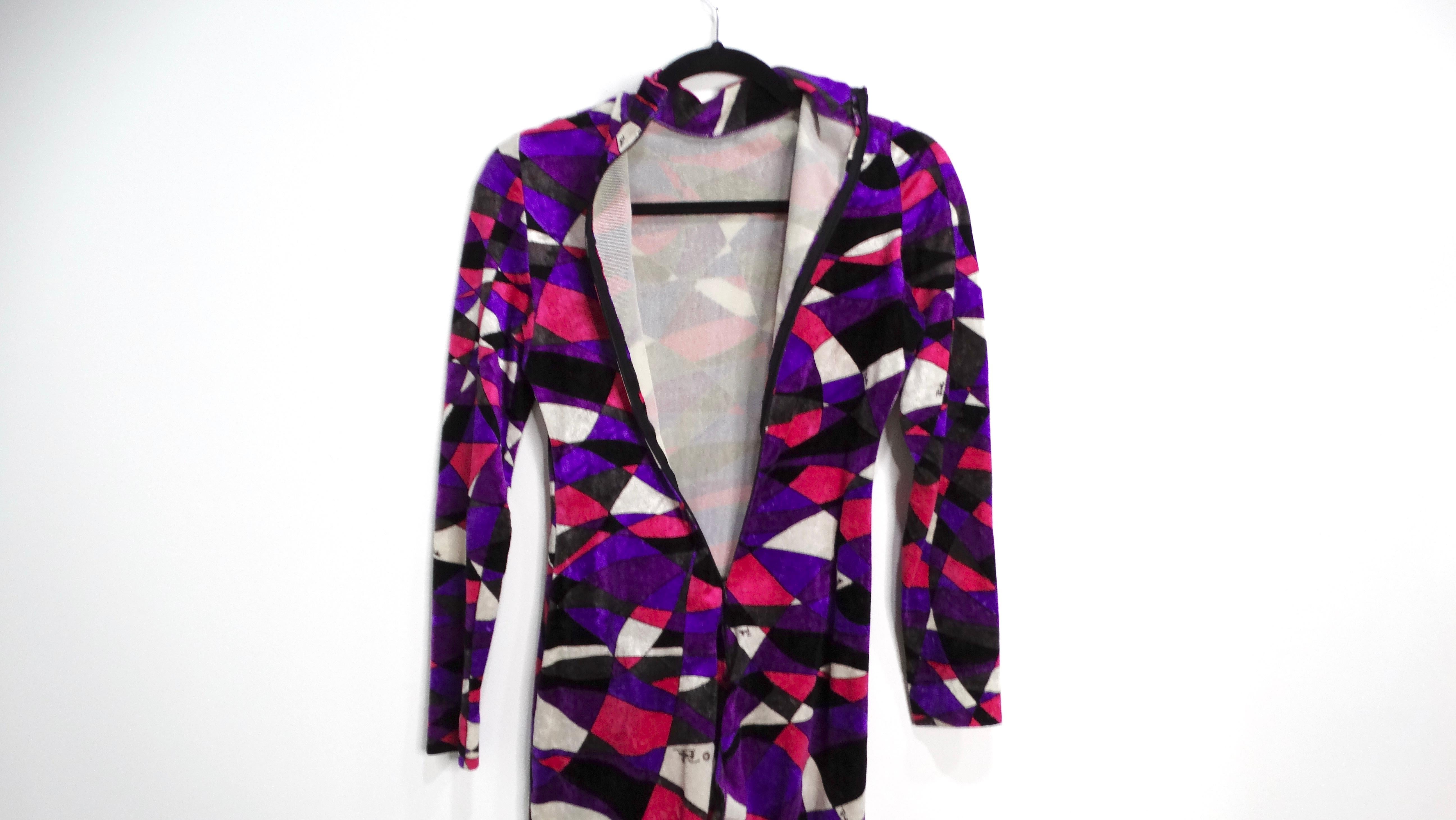 1970s Emilio Pucci Purple Geometric Print Velour High Neck Catsuit For Sale 2
