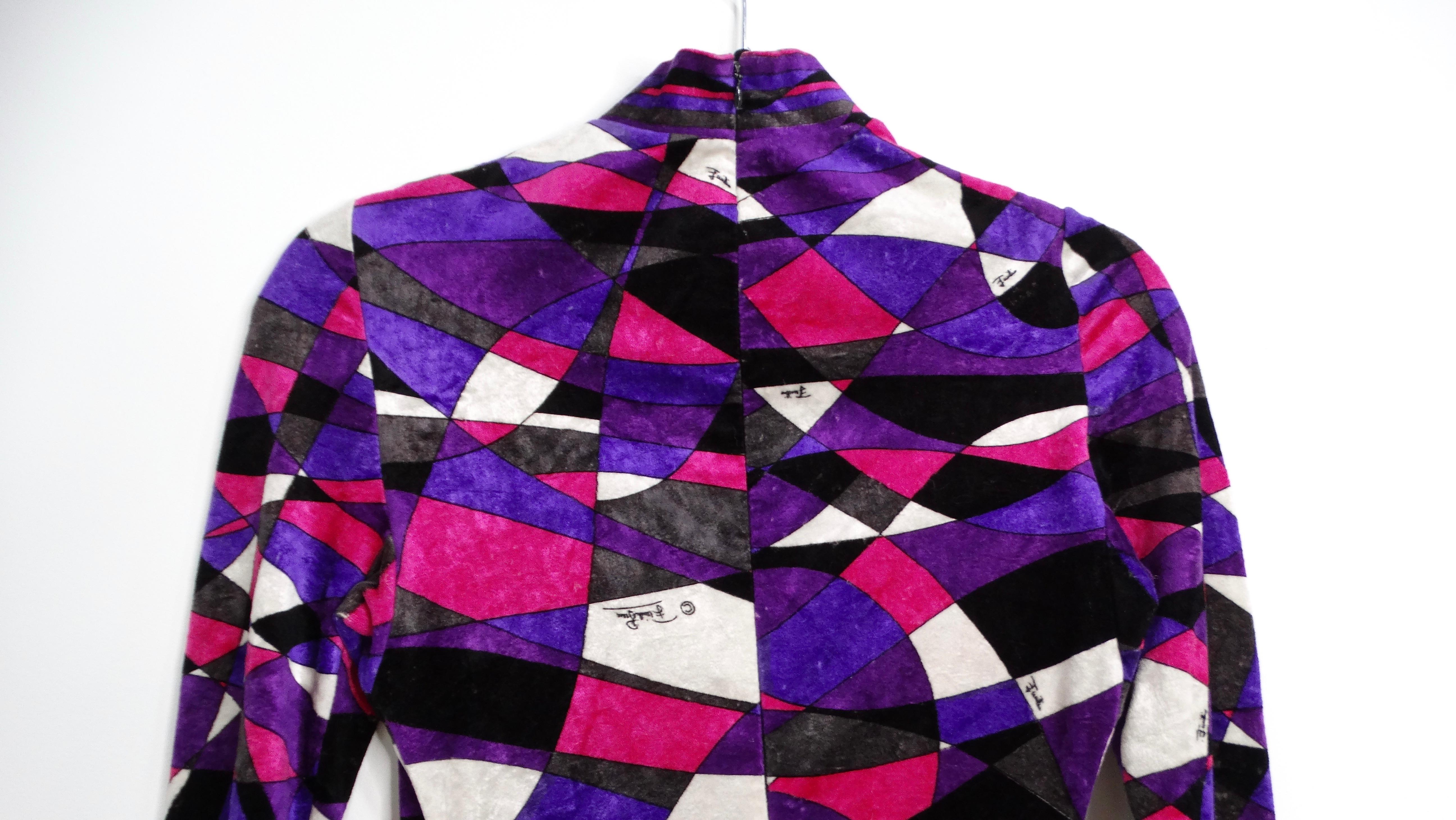 1970s Emilio Pucci Purple Geometric Print Velour High Neck Catsuit For Sale 3