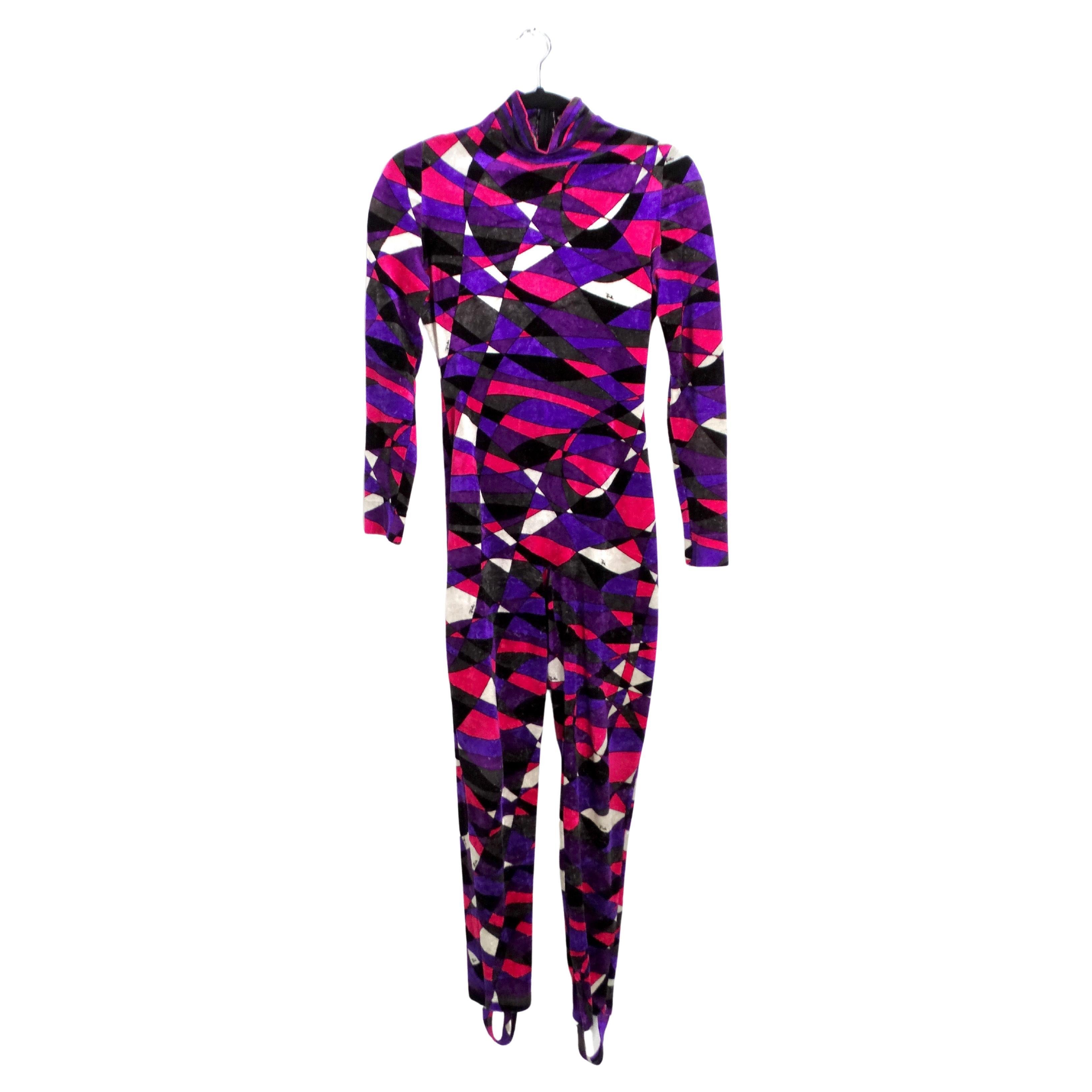 1970s Emilio Pucci Purple Geometric Print Velour High Neck Catsuit