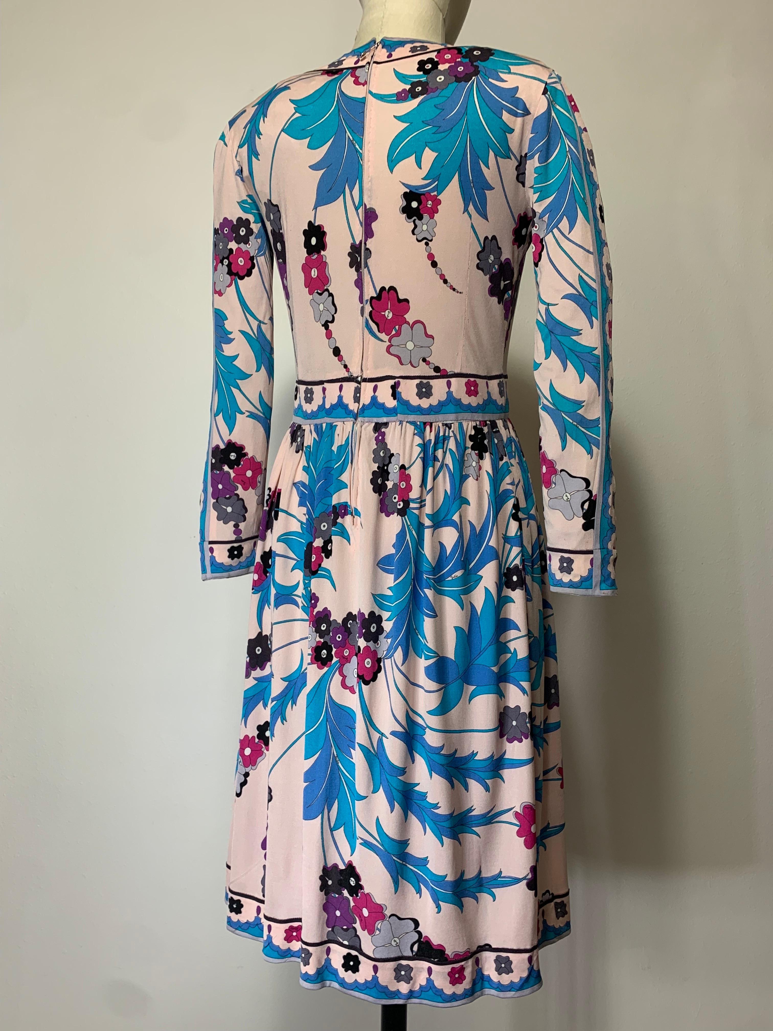 1970s Emilio Pucci Silk Jersey Floral Print Wrap Dress w Full Skirt & Band Trim For Sale 6