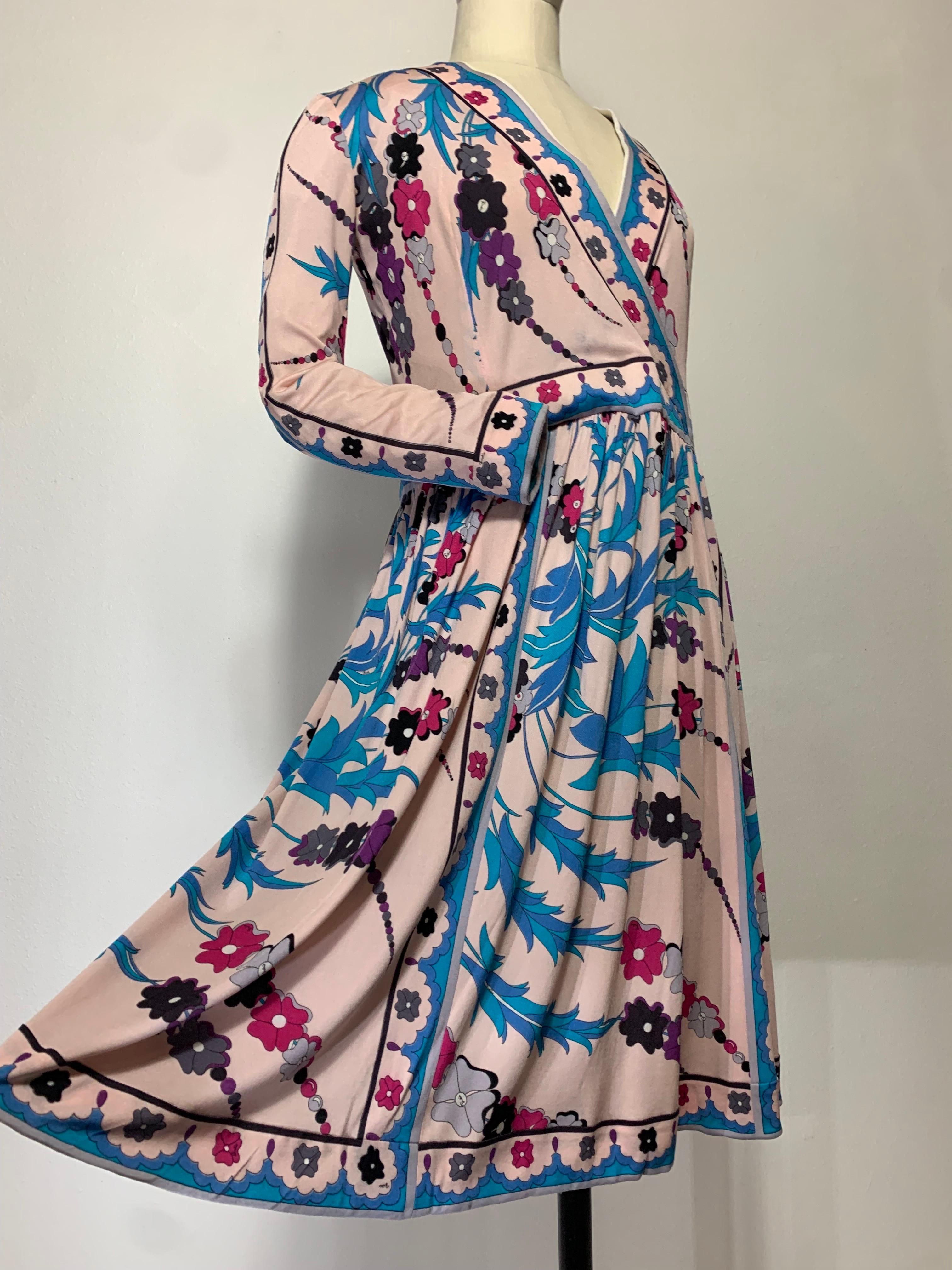 1970s Emilio Pucci Silk Jersey Floral Print Wrap Dress w Full Skirt & Band Trim For Sale 8