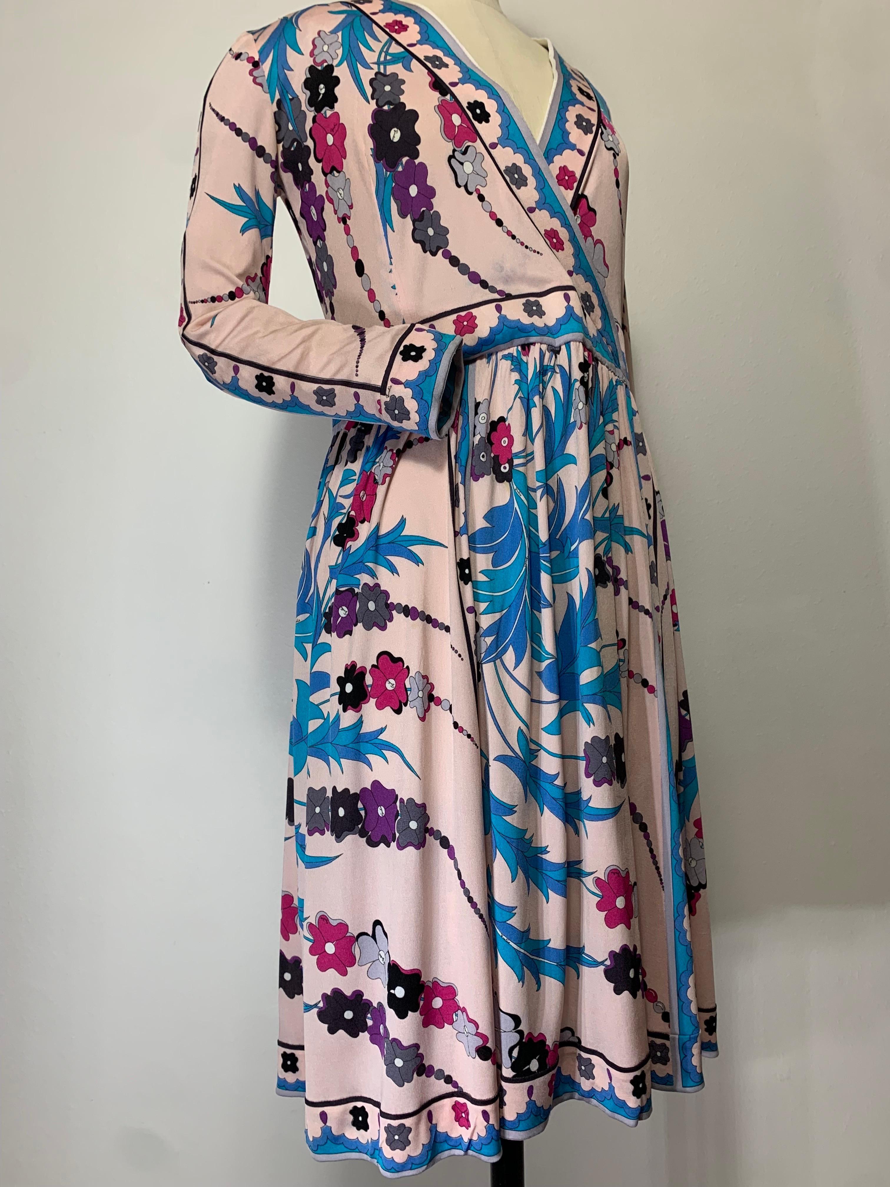1970s Emilio Pucci Silk Jersey Floral Print Wrap Dress w Full Skirt & Band Trim For Sale 9