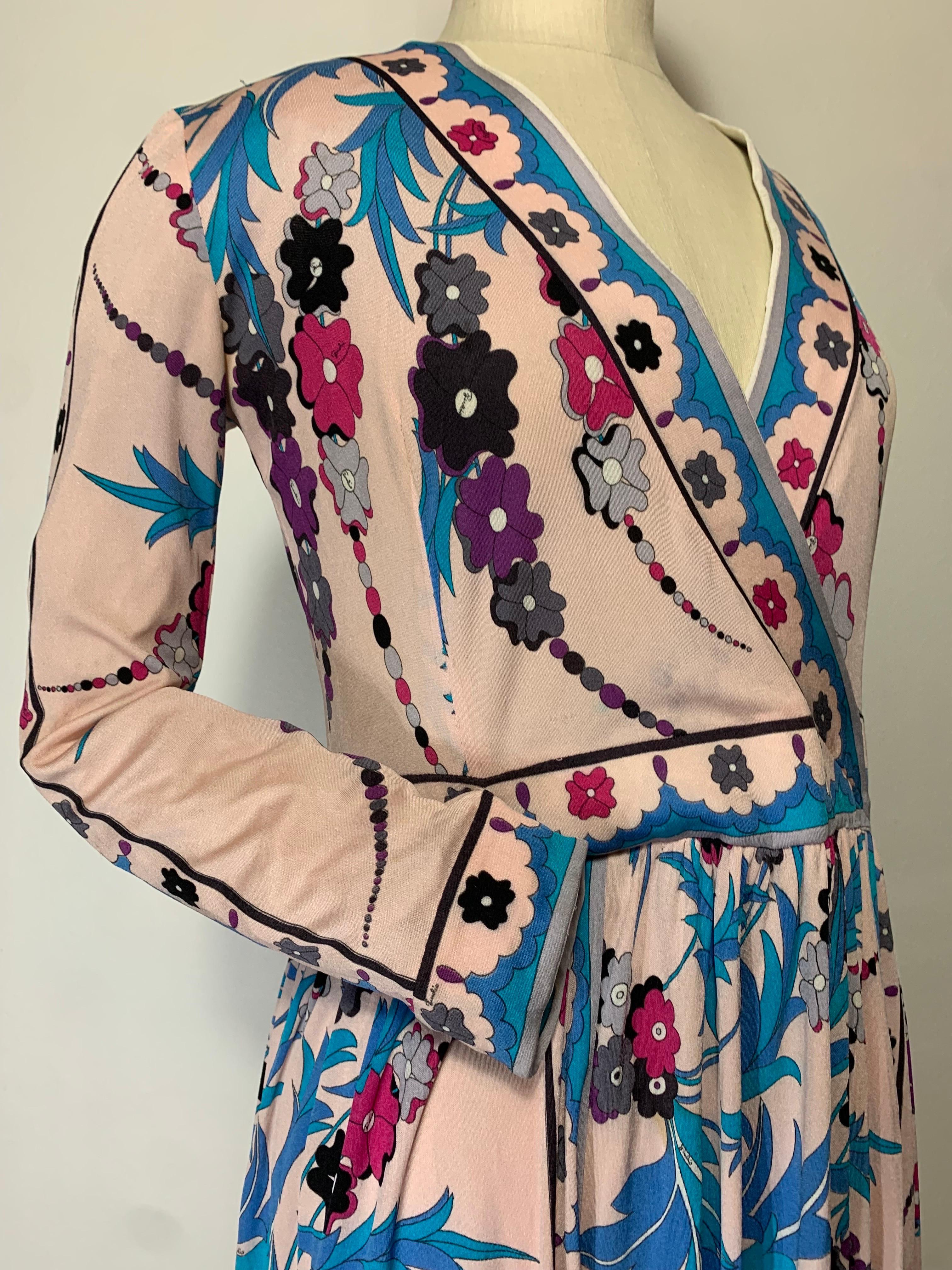 1970s Emilio Pucci Silk Jersey Floral Print Wrap Dress w Full Skirt & Band Trim For Sale 10