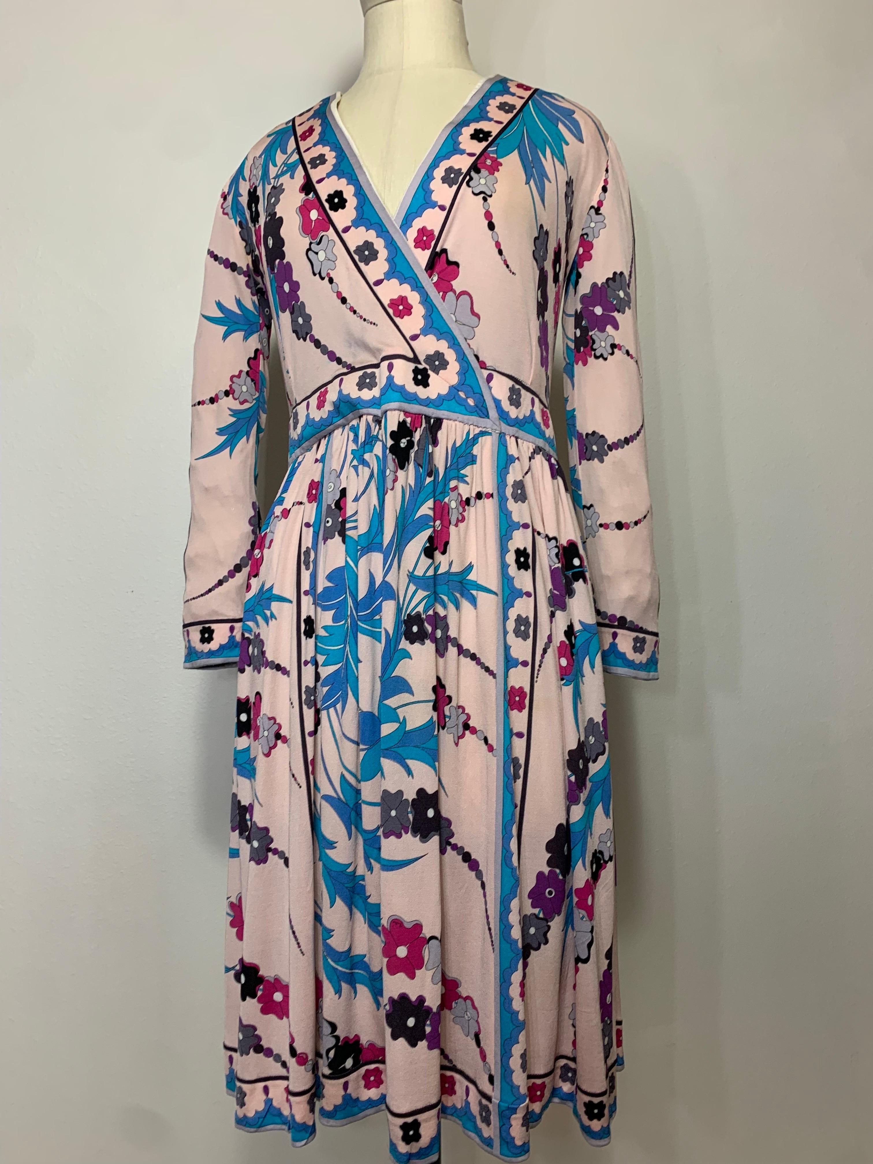 1970s Emilio Pucci Silk Jersey Floral Print Wrap Dress w Full Skirt & Band Trim For Sale 11