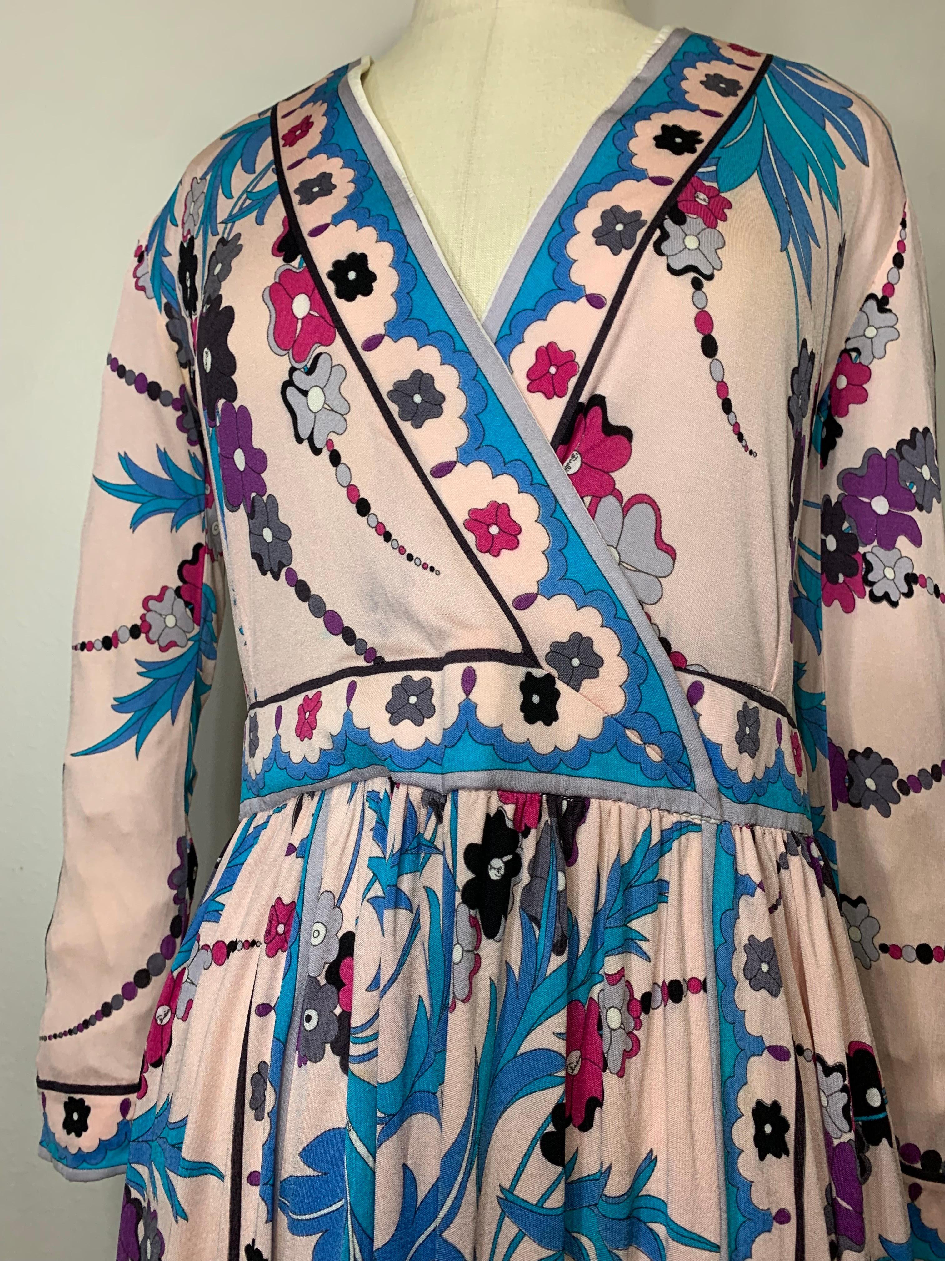 1970s Emilio Pucci Silk Jersey Floral Print Wrap Dress w Full Skirt & Band Trim For Sale 12