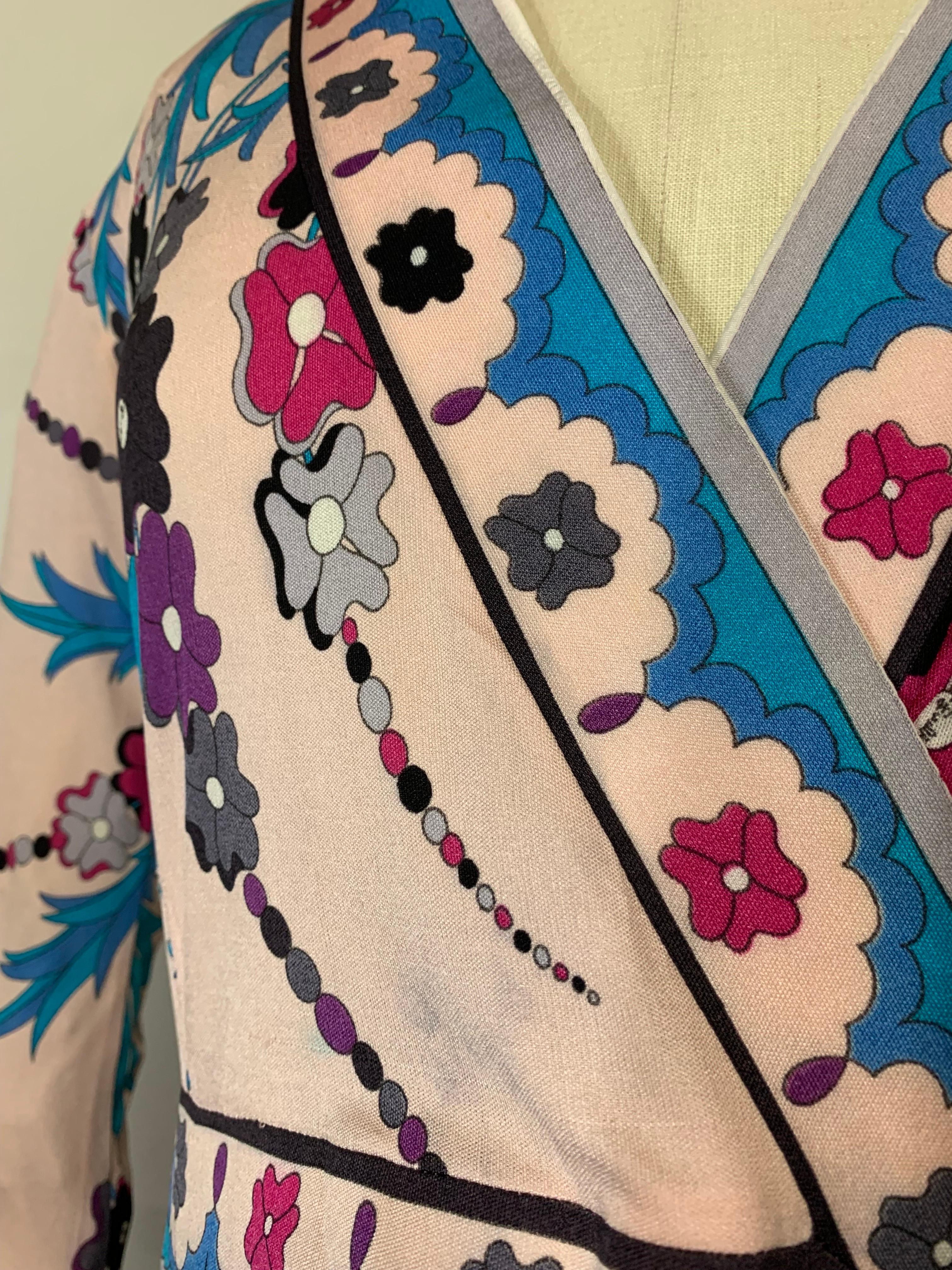 1970er Emilio Pucci Seide Jersey Floral Print Wrap Dress w Full Skirt & Band Trim im Angebot 13