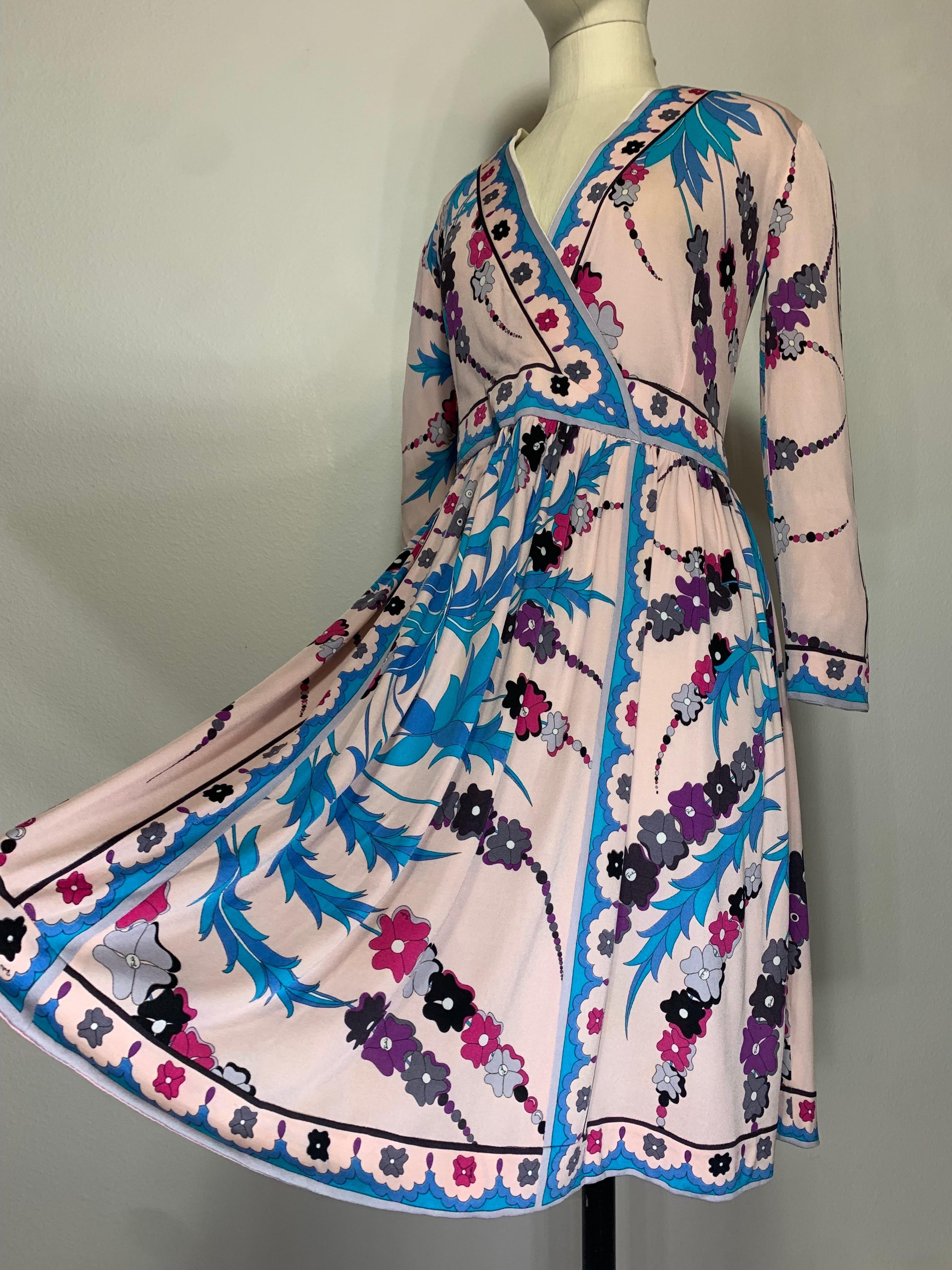 1970s Emilio Pucci Silk Jersey Floral Print Wrap Dress w Full Skirt & Band Trim In Excellent Condition For Sale In Gresham, OR