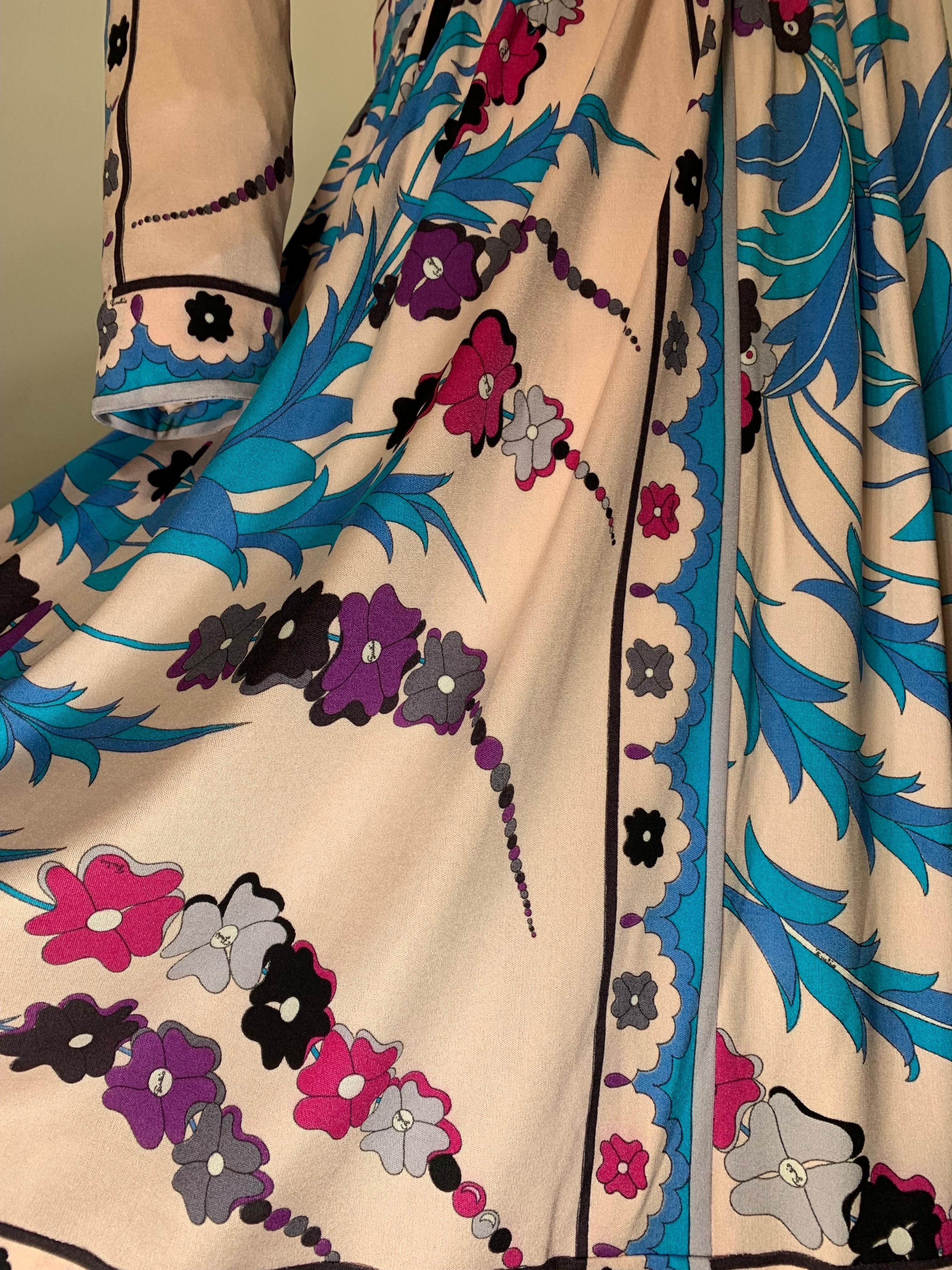 1970er Emilio Pucci Seide Jersey Floral Print Wrap Dress w Full Skirt & Band Trim Damen im Angebot