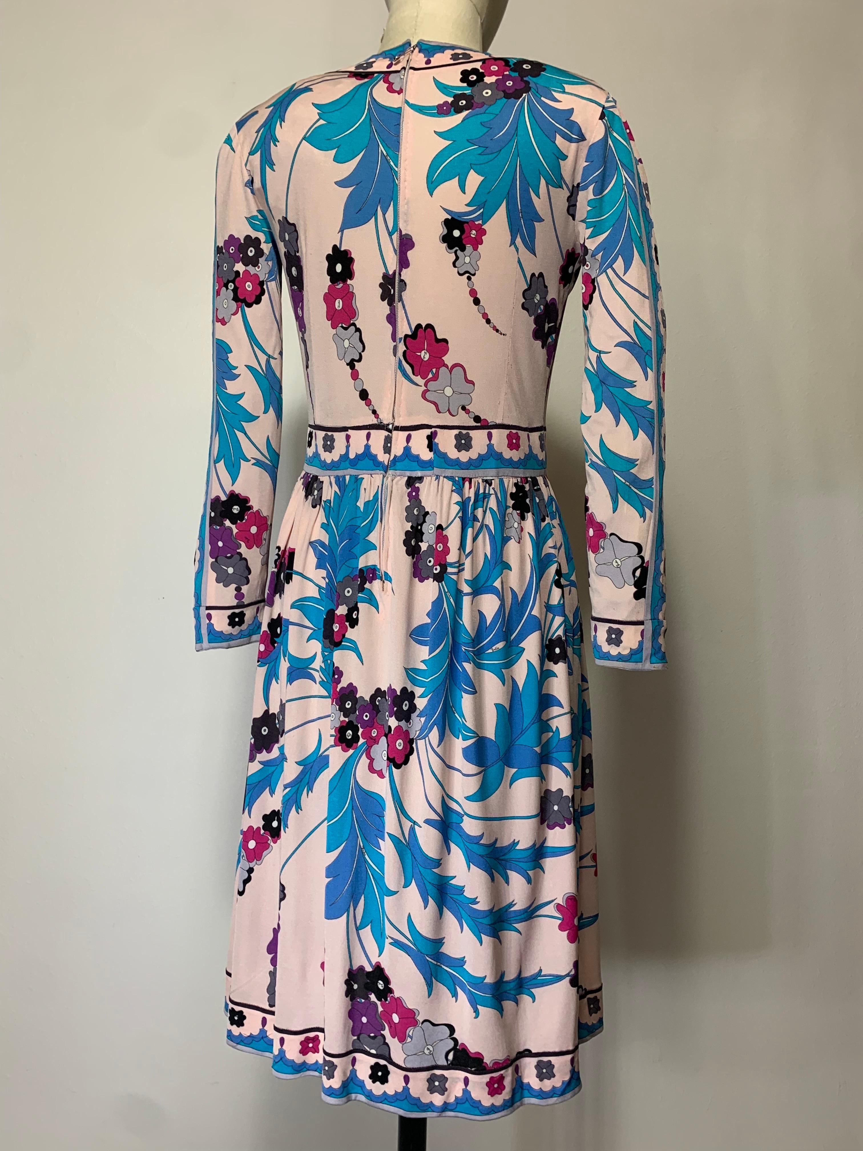 1970s Emilio Pucci Silk Jersey Floral Print Wrap Dress w Full Skirt & Band Trim For Sale 4