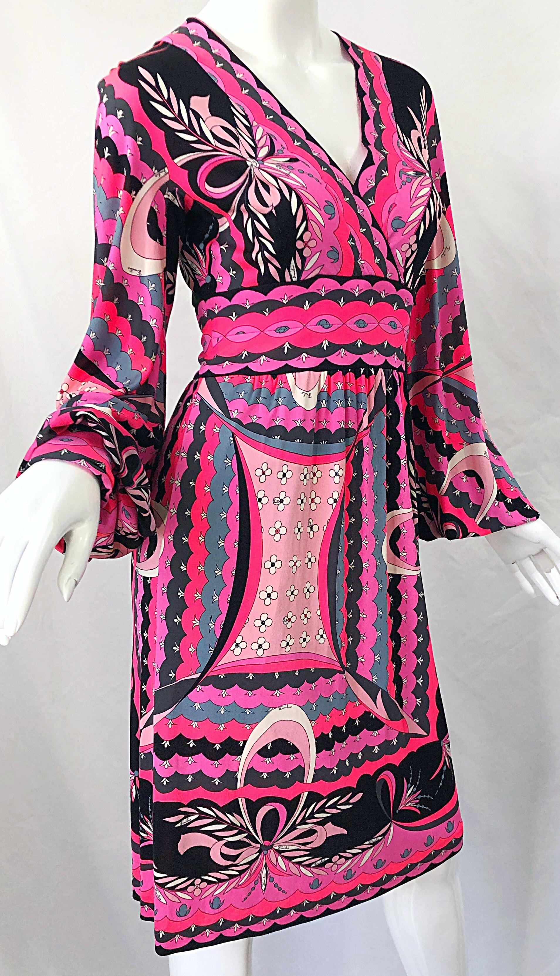 1970s Emilio Pucci Silk Jersey Hot Pink Long Sleeve Vintage 70s Dress For Sale 3