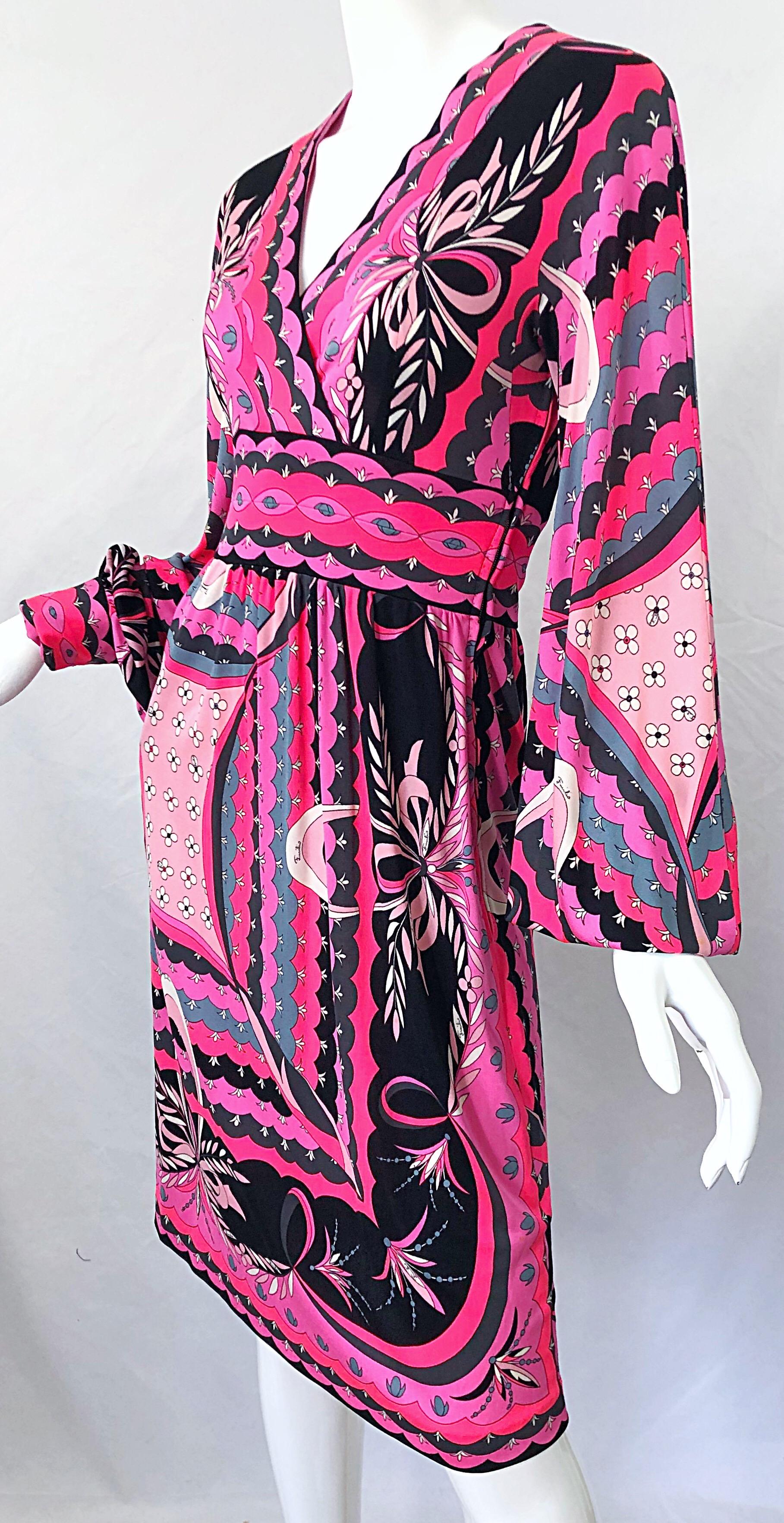 1970s Emilio Pucci Silk Jersey Hot Pink Long Sleeve Vintage 70s Dress For Sale 4