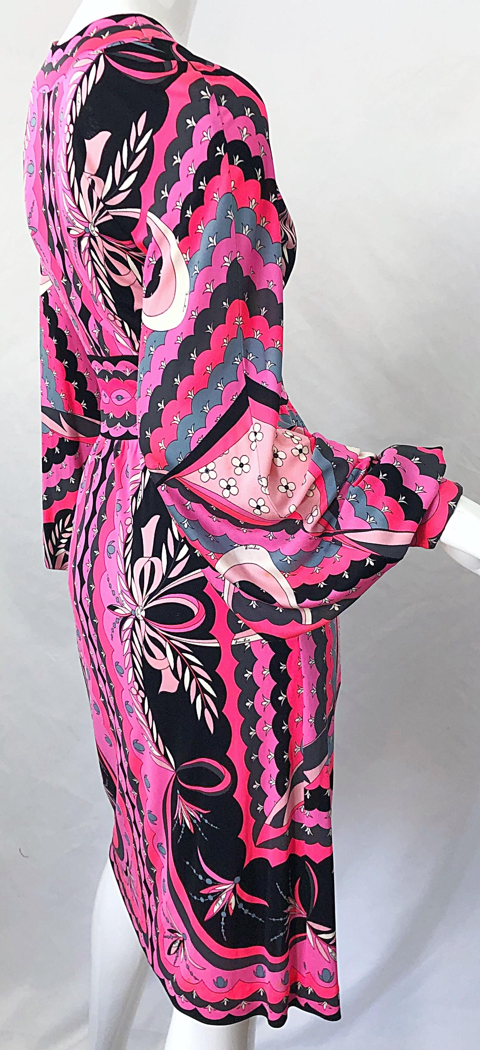 1970s Emilio Pucci Silk Jersey Hot Pink Long Sleeve Vintage 70s Dress For Sale 5