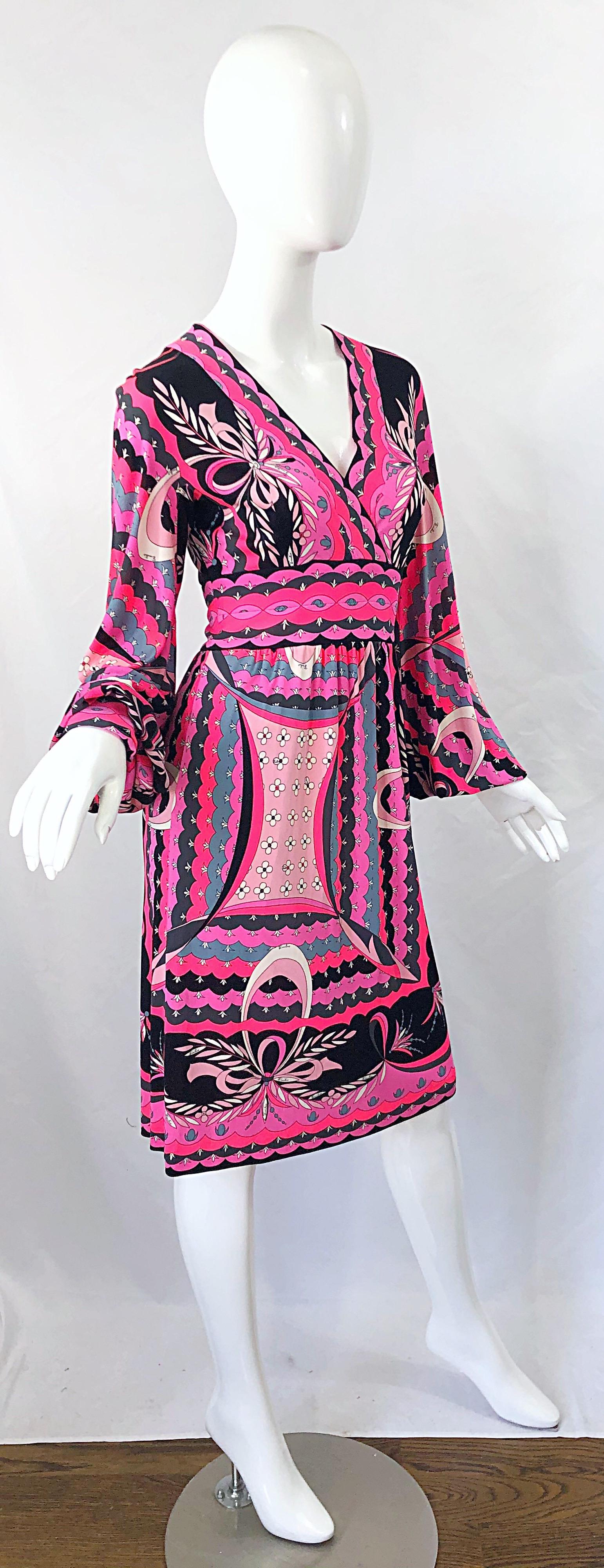 1970s Emilio Pucci Silk Jersey Hot Pink Long Sleeve Vintage 70s Dress For Sale 6