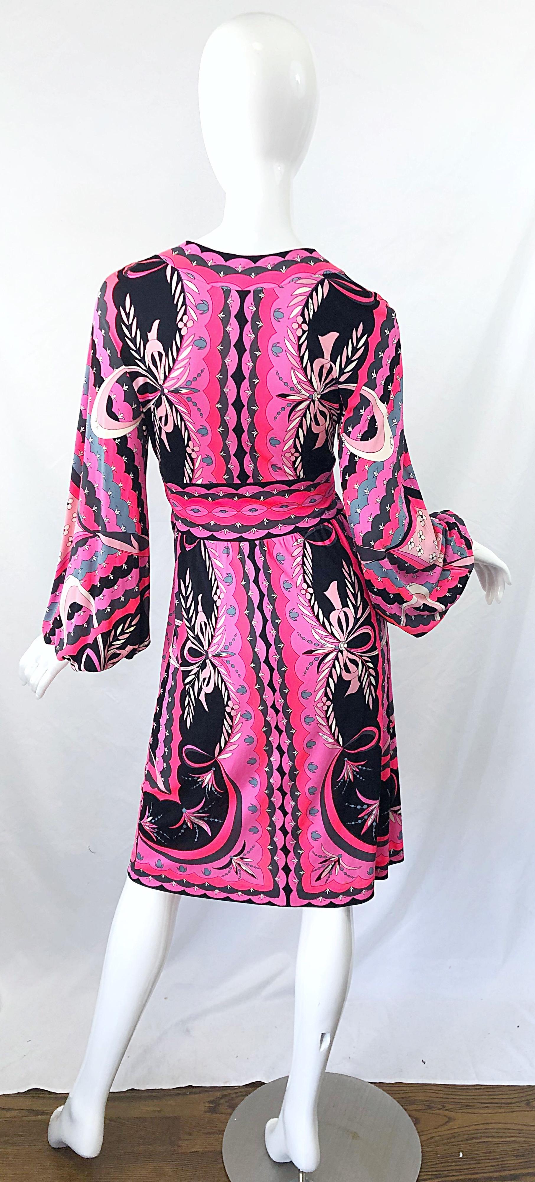 1970s Emilio Pucci Silk Jersey Hot Pink Long Sleeve Vintage 70s Dress For Sale 7