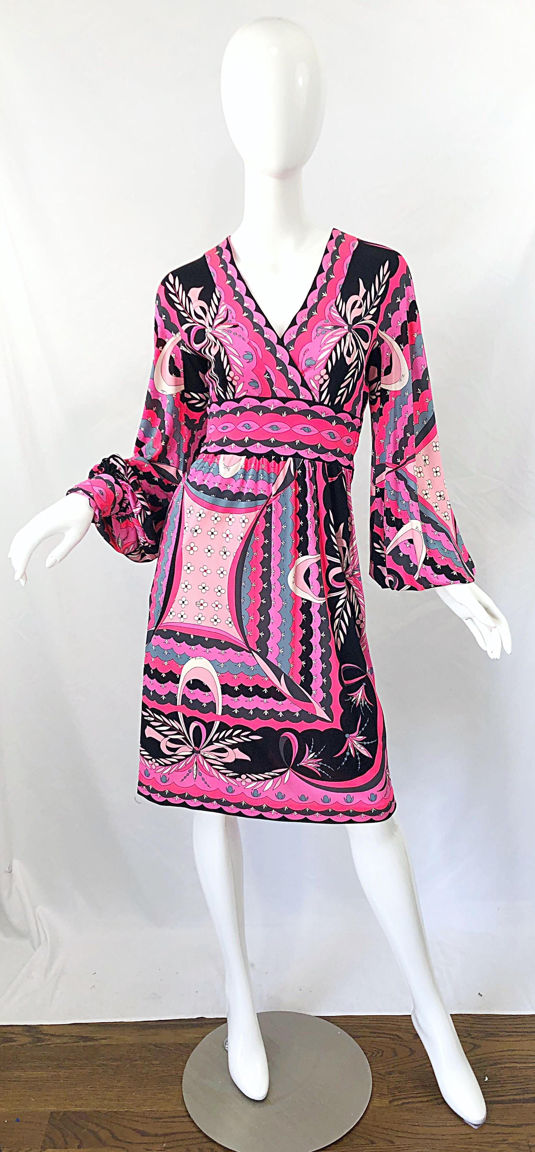 1970s Emilio Pucci Silk Jersey Hot Pink Long Sleeve Vintage 70s Dress For Sale 8