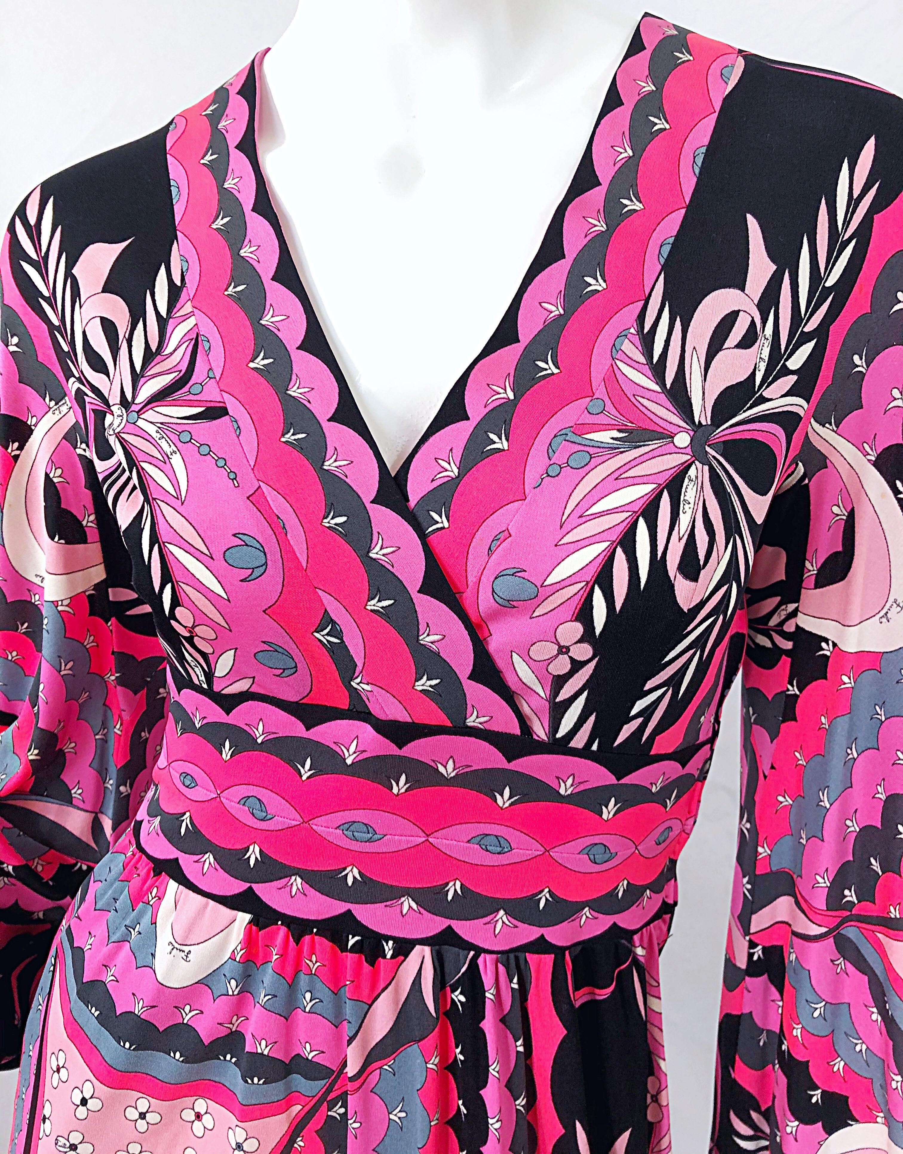 1970er Emilio Pucci Vintage 70er Jahre Kleid aus Seidenjersey mit langen Ärmeln in Pink im Angebot 1