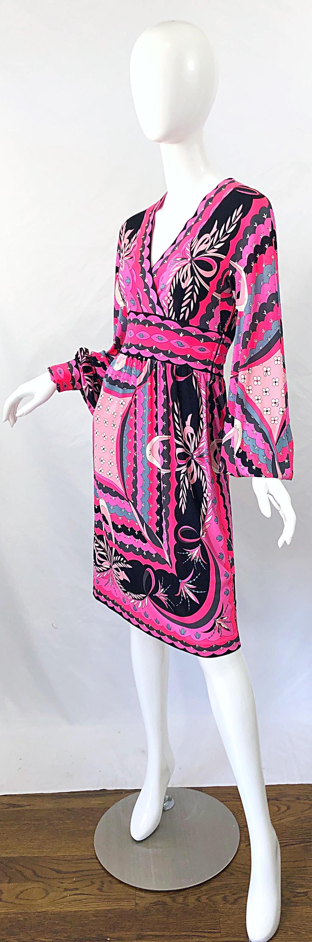 Women's 1970s Emilio Pucci Silk Jersey Hot Pink Long Sleeve Vintage 70s Dress For Sale
