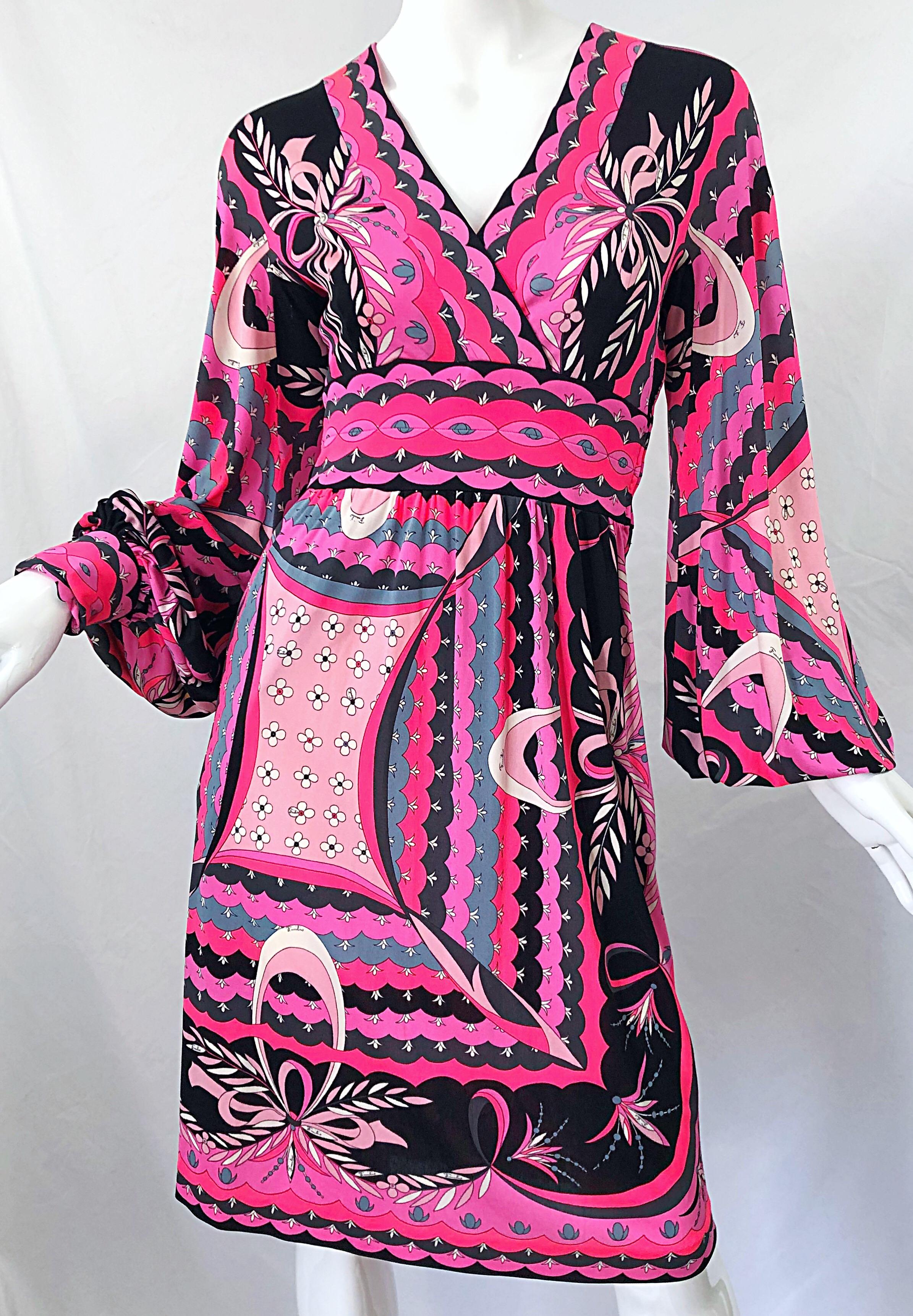 1970s Emilio Pucci Silk Jersey Hot Pink Long Sleeve Vintage 70s Dress For Sale 1