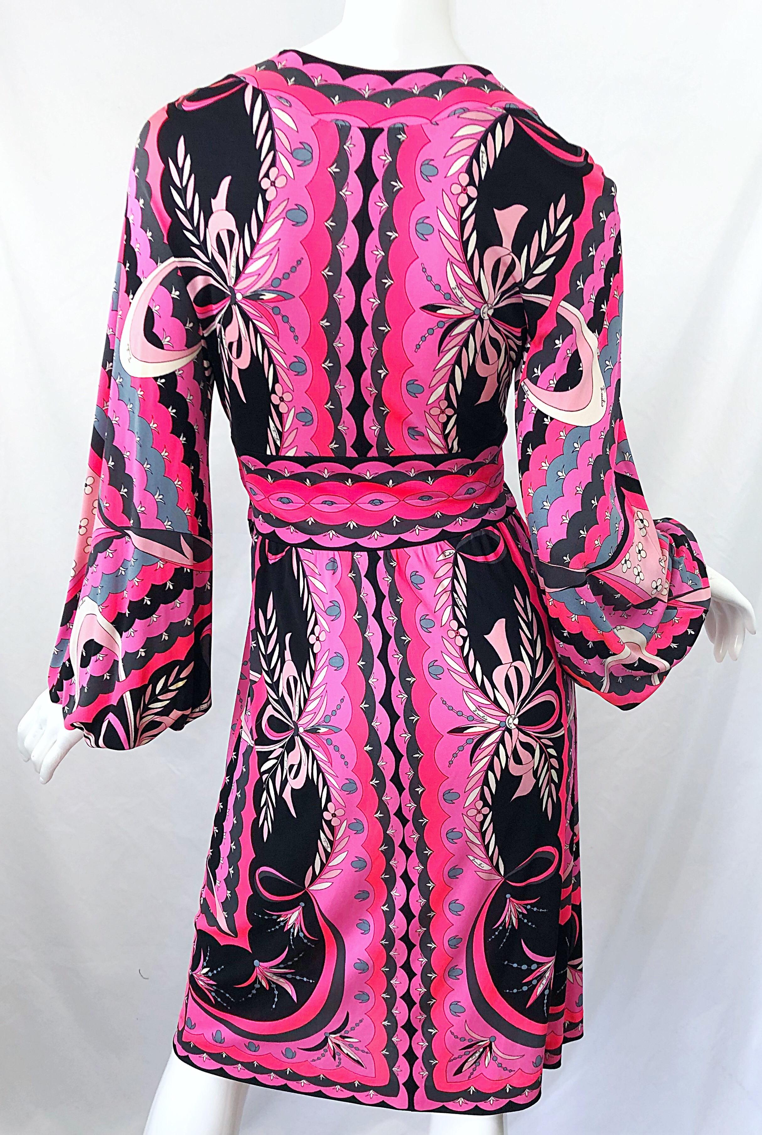 1970s Emilio Pucci Silk Jersey Hot Pink Long Sleeve Vintage 70s Dress For Sale 2