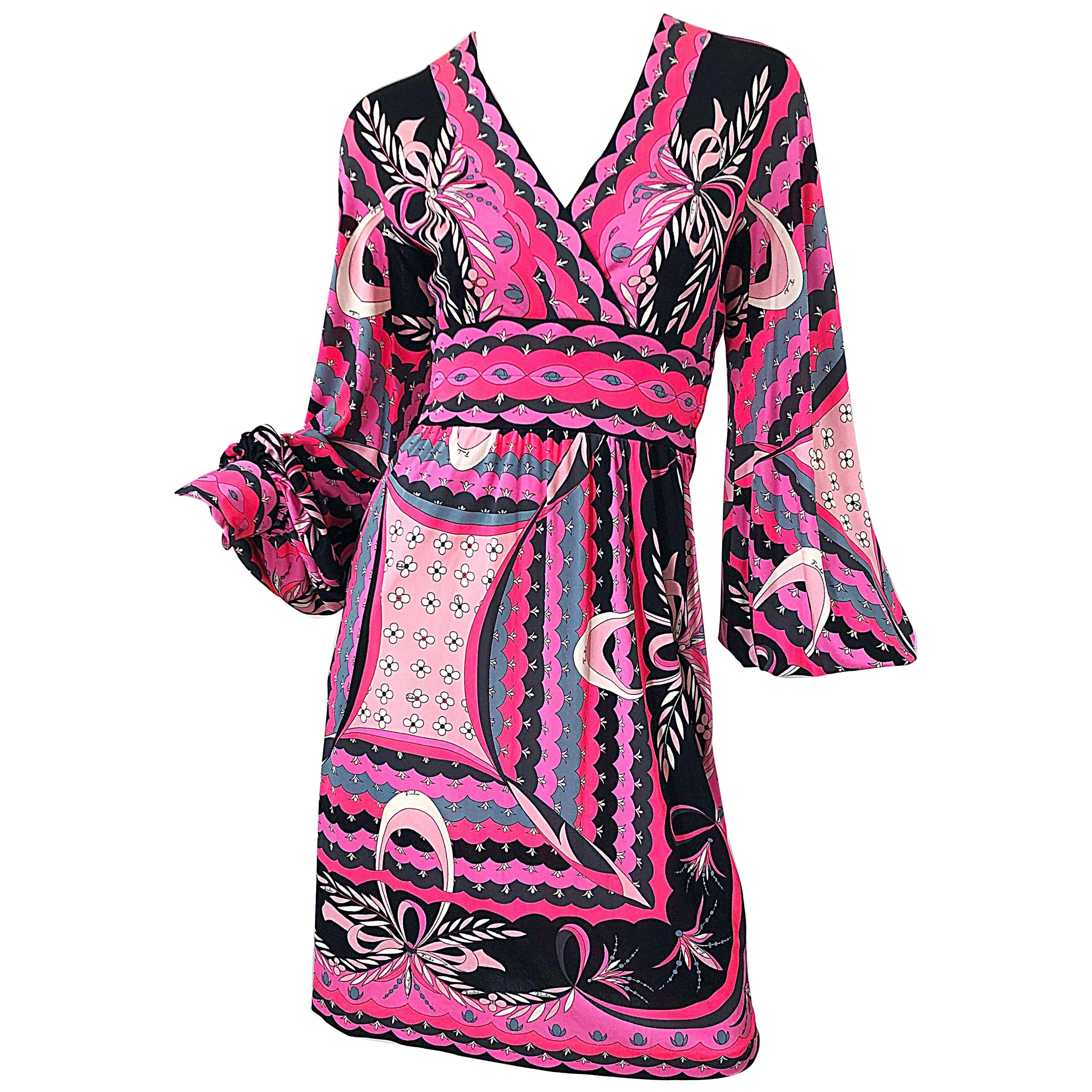 1970s Emilio Pucci Silk Jersey Hot Pink Long Sleeve Vintage 70s Dress For Sale