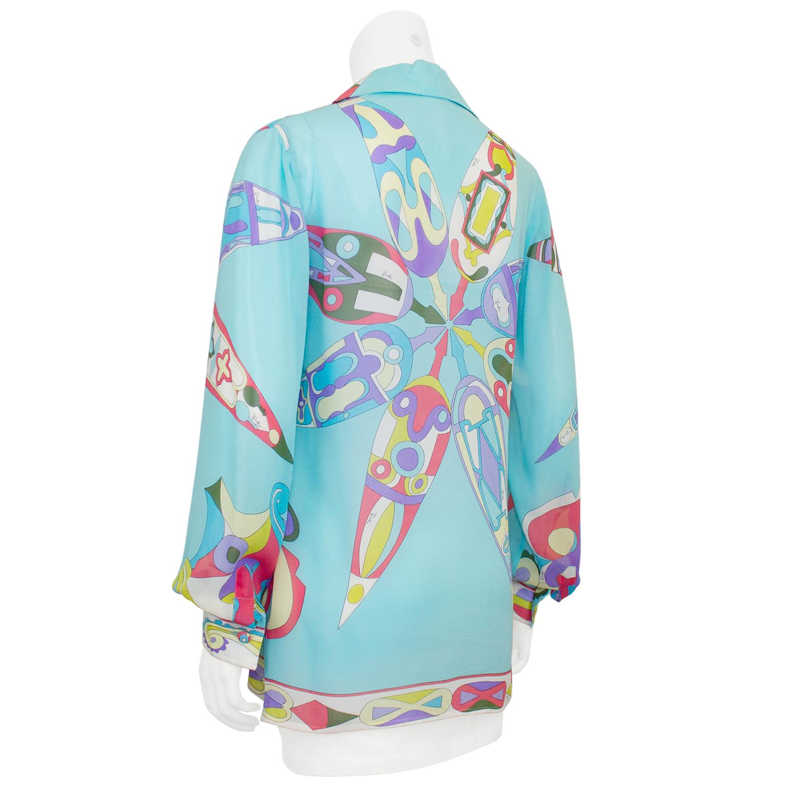 1960s Emilio Pucci Turquoise Silk Chiffon Printed Shirt In Good Condition For Sale In Toronto, Ontario