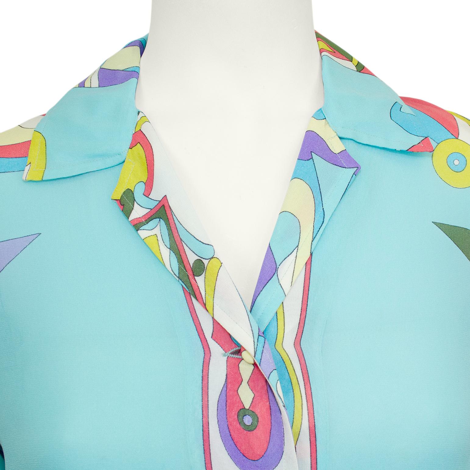 Women's 1960s Emilio Pucci Turquoise Silk Chiffon Printed Shirt For Sale
