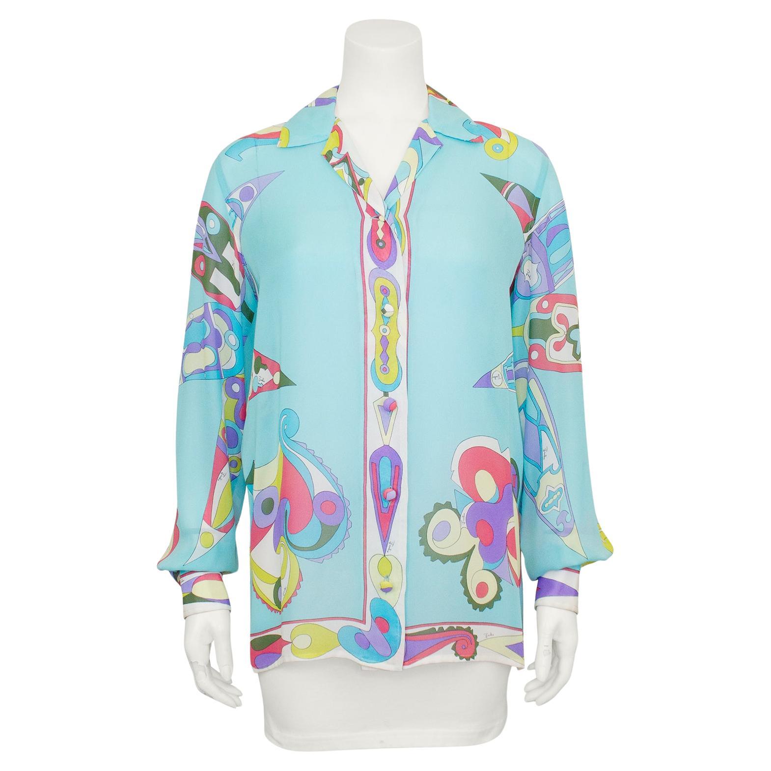 1960s Emilio Pucci Turquoise Silk Chiffon Printed Shirt For Sale