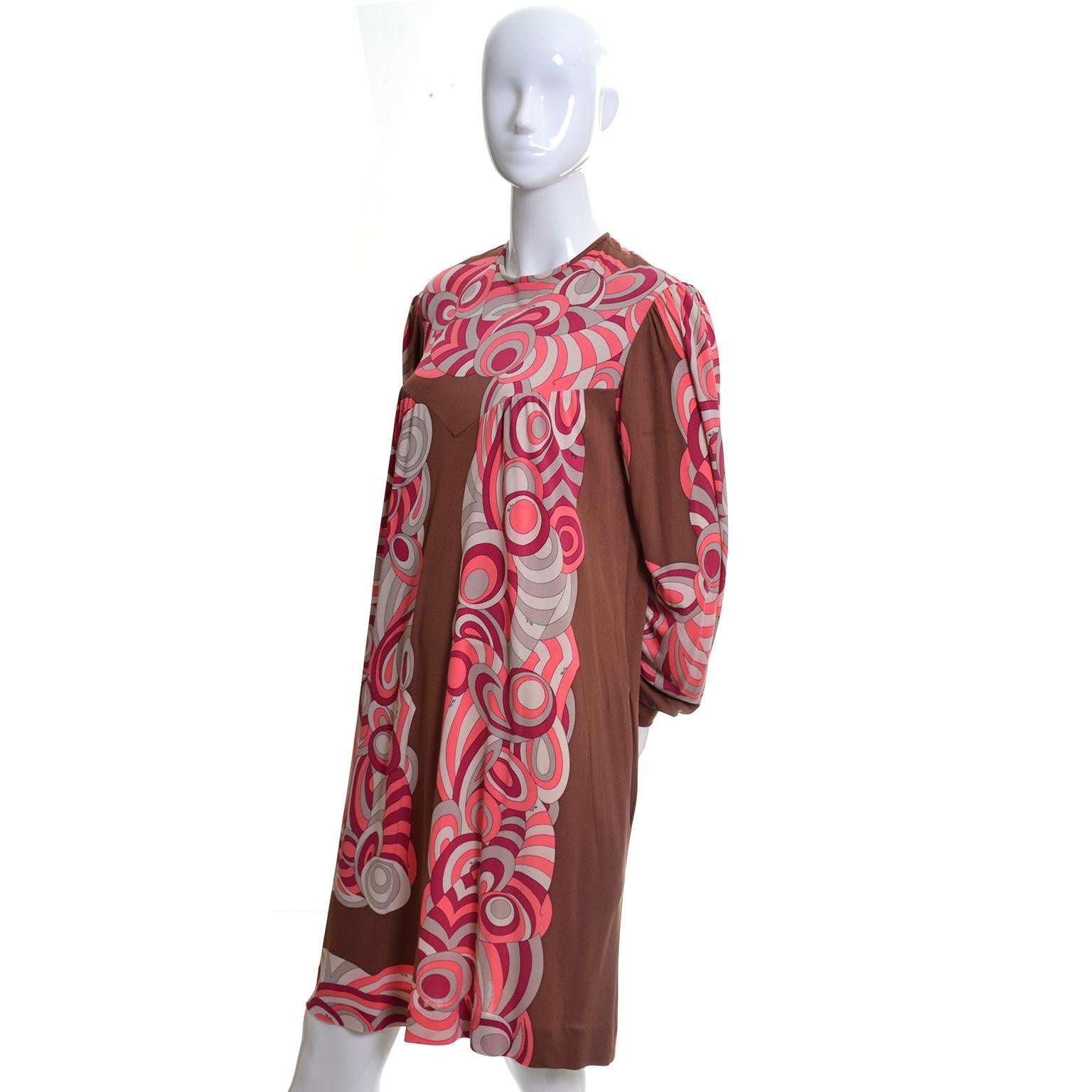 1970s Emilio Pucci Vintage Dress in Pink & Brown Silk Jersey Size 8/10 In Good Condition In Portland, OR