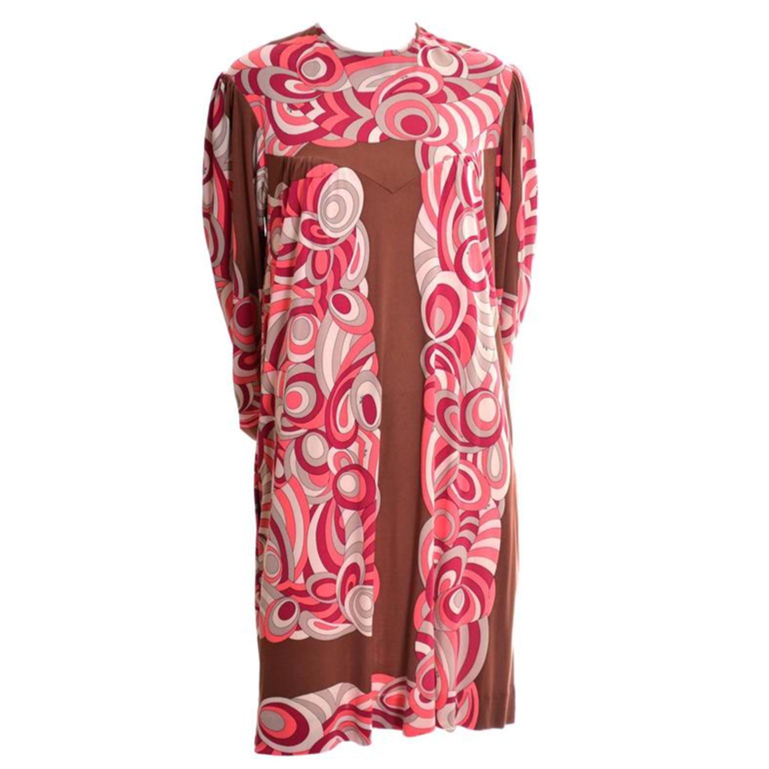 1970s Emilio Pucci Vintage Dress in Pink & Brown Silk Jersey Size 8/10