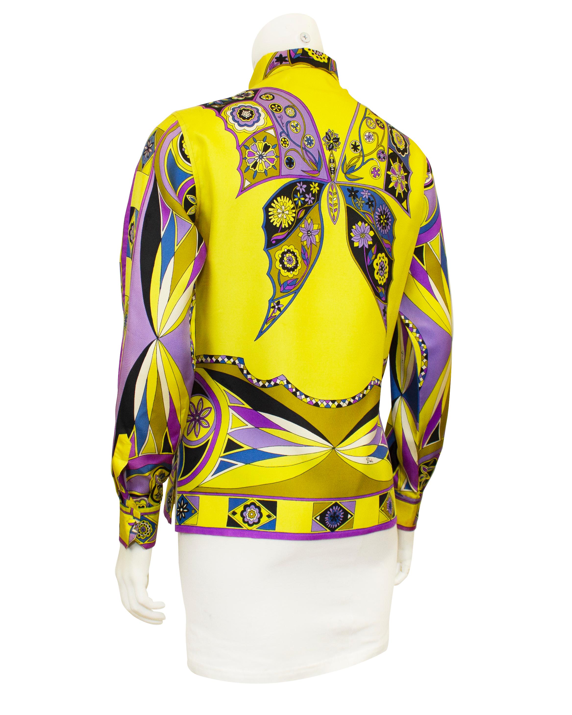 1970s Emilio Pucci Yellow, Blue and Purple Printed Silk Shirt In Good Condition For Sale In Toronto, Ontario