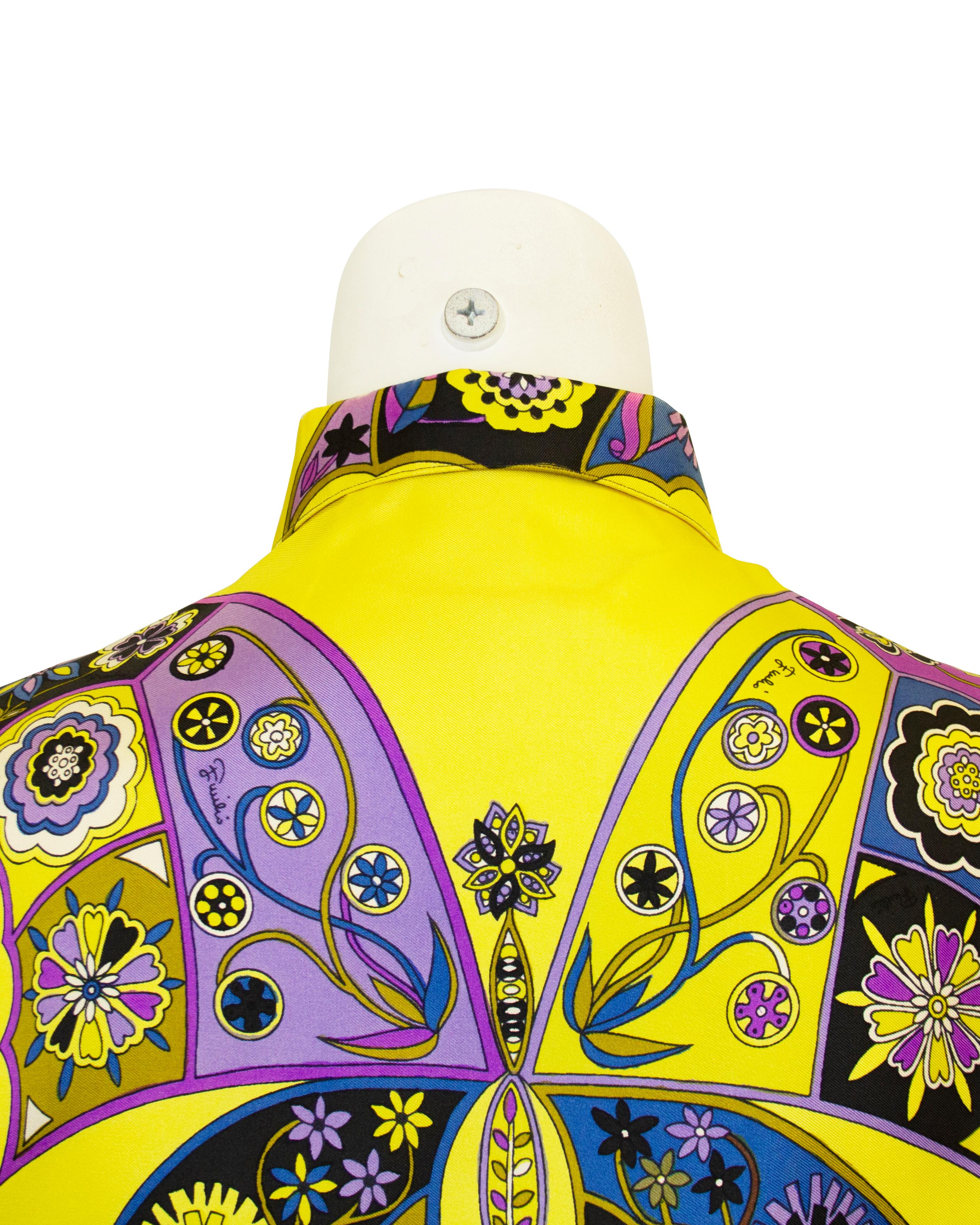 Women's 1970s Emilio Pucci Yellow, Blue and Purple Printed Silk Shirt For Sale