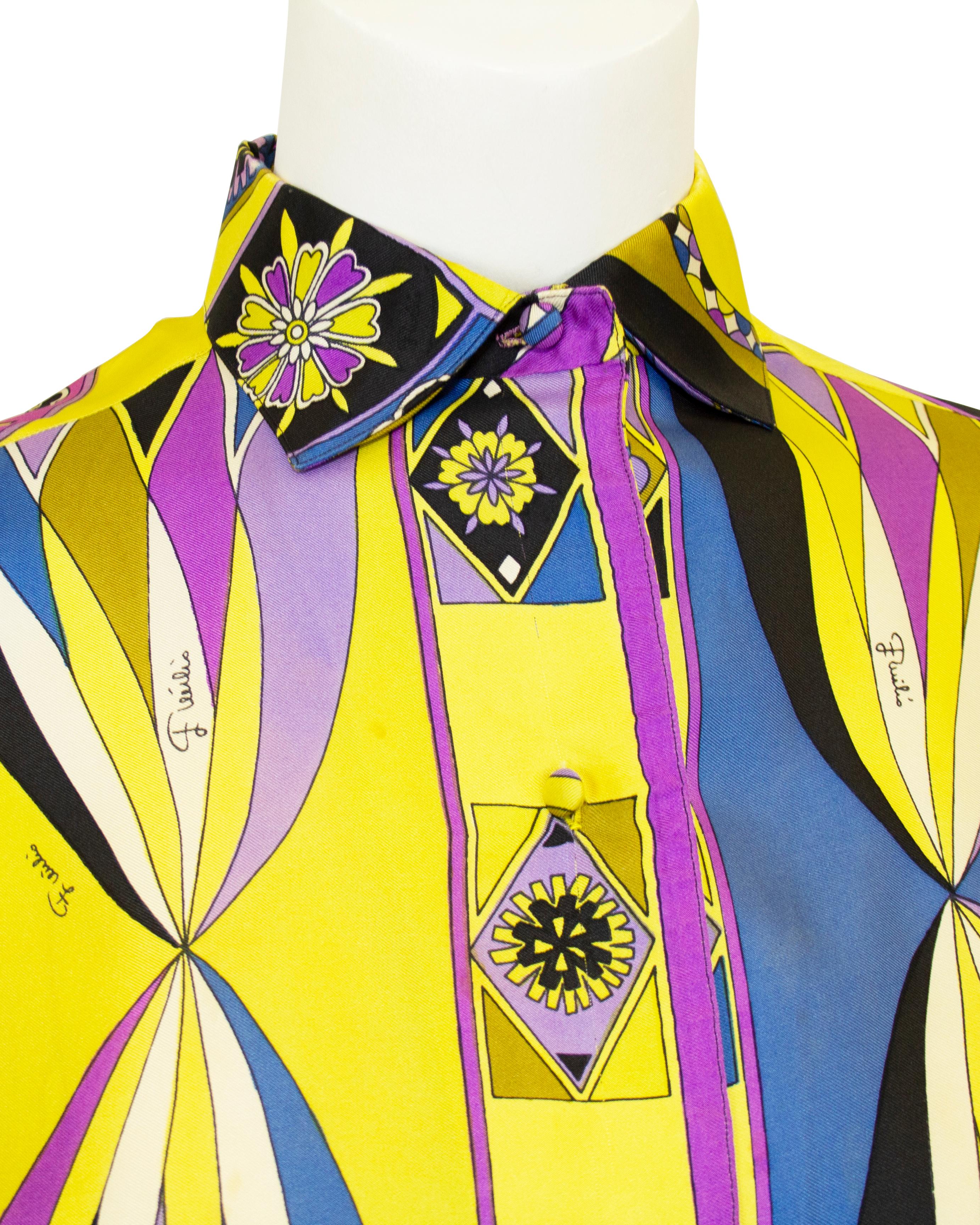 1970s Emilio Pucci Yellow, Blue and Purple Printed Silk Shirt For Sale 1