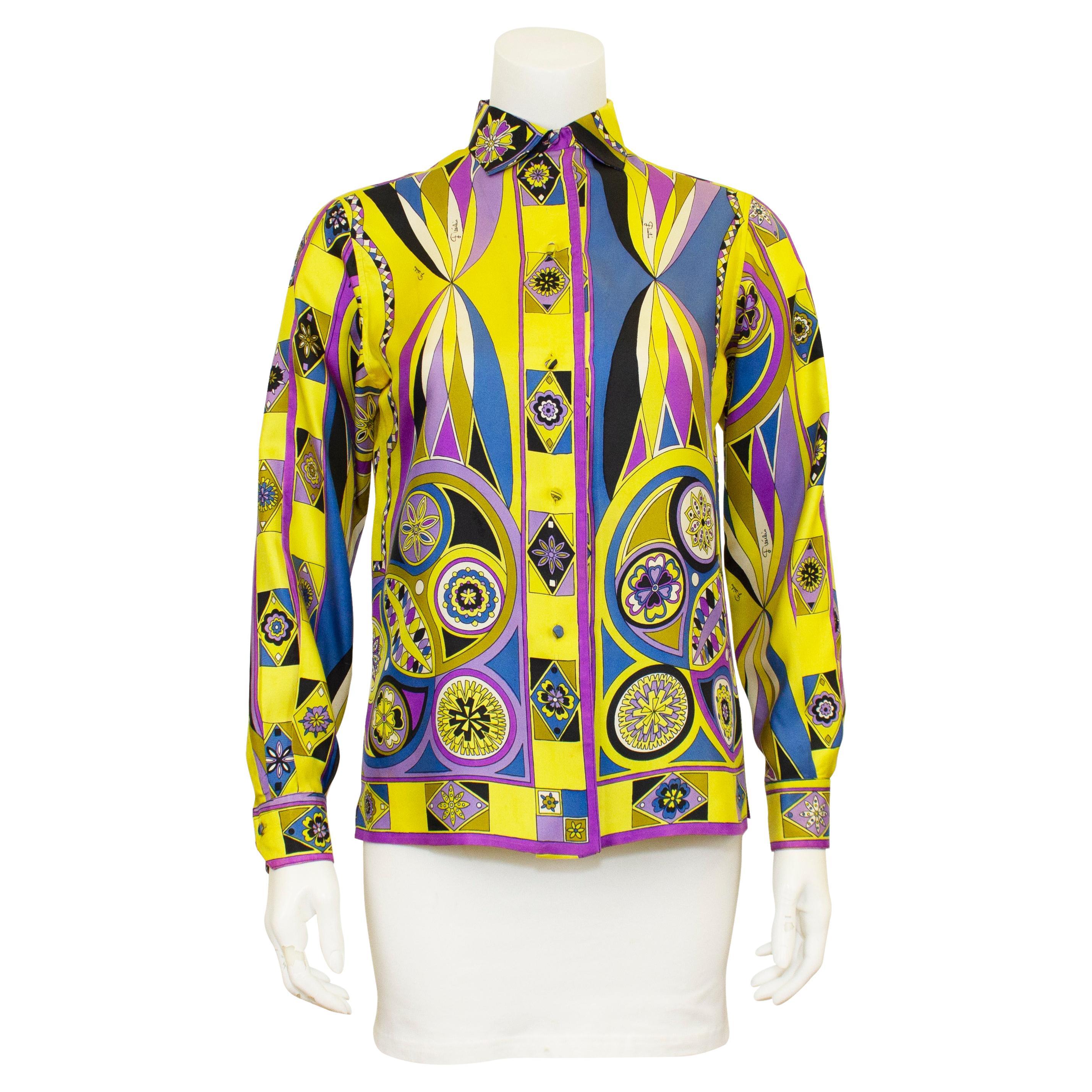 1970s Emilio Pucci Yellow, Blue and Purple Printed Silk Shirt For Sale
