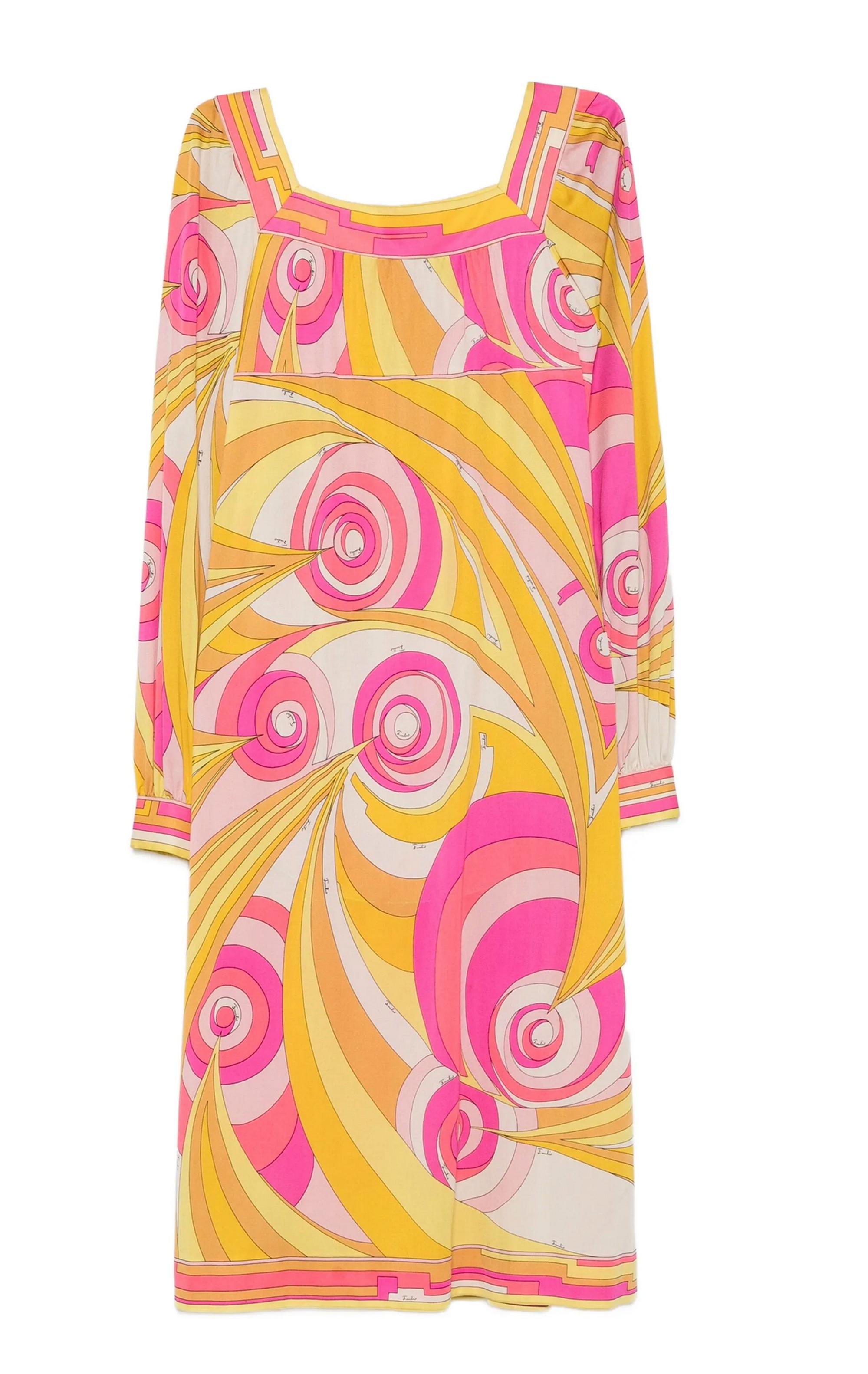 1970er Emilio Pucci Gelbes bedrucktes Seidenkleid im Zustand „Gut“ im Angebot in Paris, FR