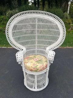 1970s Emmanuel Peacock Throne Chair, White Wicker with Cushion