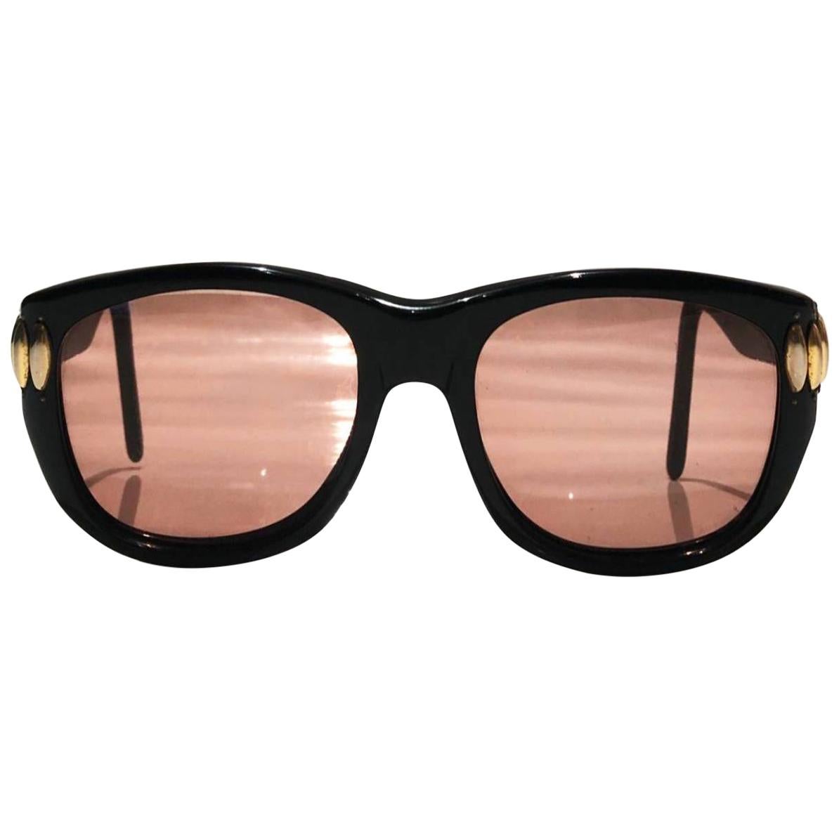1970s Emmanuelle Khanh Oversized Orange Lens Black Resin Sunglasses 