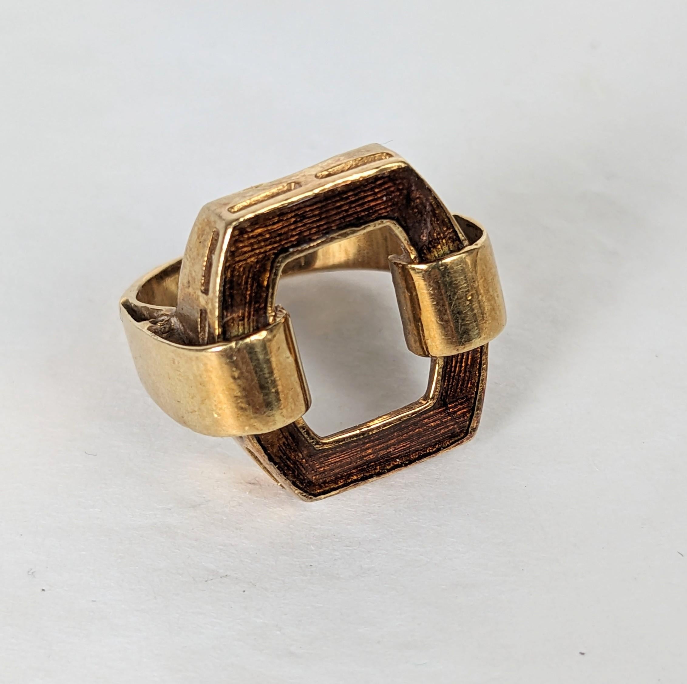 Elegant Enamel and Gold Buckle Ring from the 1970's in 14k gold with guilloche enamel in bronze. Unmarked but tested. Smaller size. Size 4. Buckle 5/8