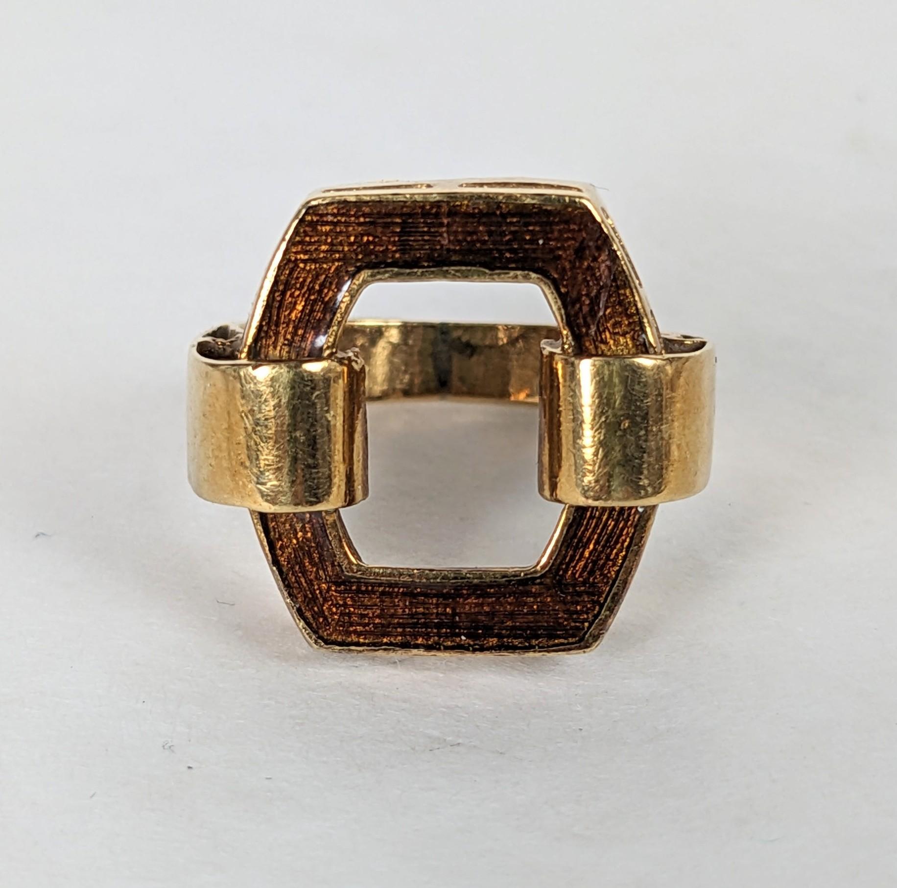 Artisan 1970's Enamel and Gold Buckle Ring For Sale