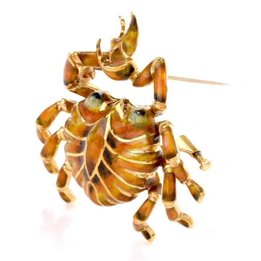 This lovely brooch pin is crafted in solid 18K Yellow gold and displays a delicate crab inspired design. 

Adorned with a colorful Enamel coat, this enchanting crab brooch remains in excellent condition! 

Weighs approx: 26.0 Grams 

Measures